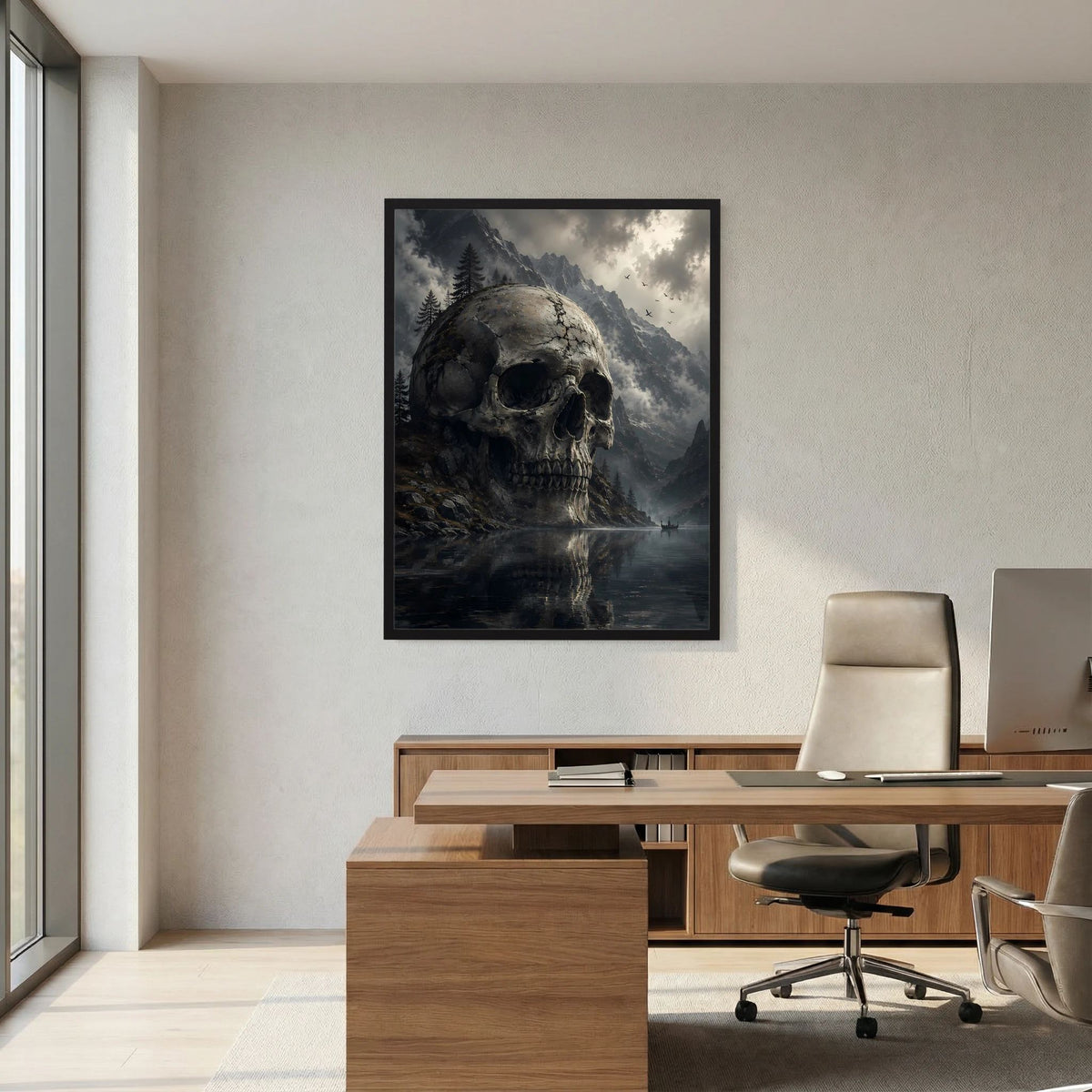 Hochformatiges Poster mit Totenkopf-Motiv über Bergsee, klar umrandetes Bild
