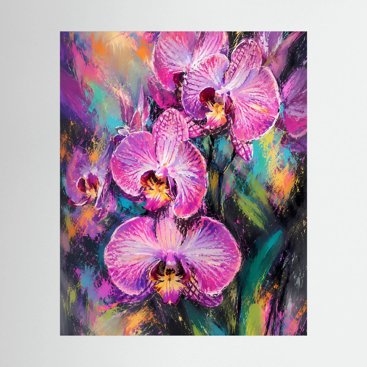 Kunstposter mit abstrakten Orchideen in Pink und Violett, Hochformat