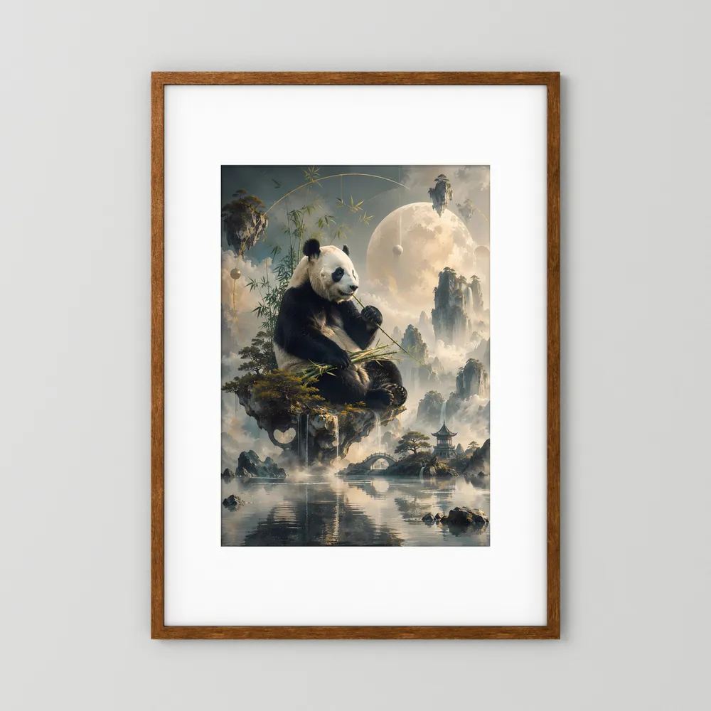 Kunstposter im Hochformat mit Panda auf Fels im Mondlicht, im braunen Holzrahmen
