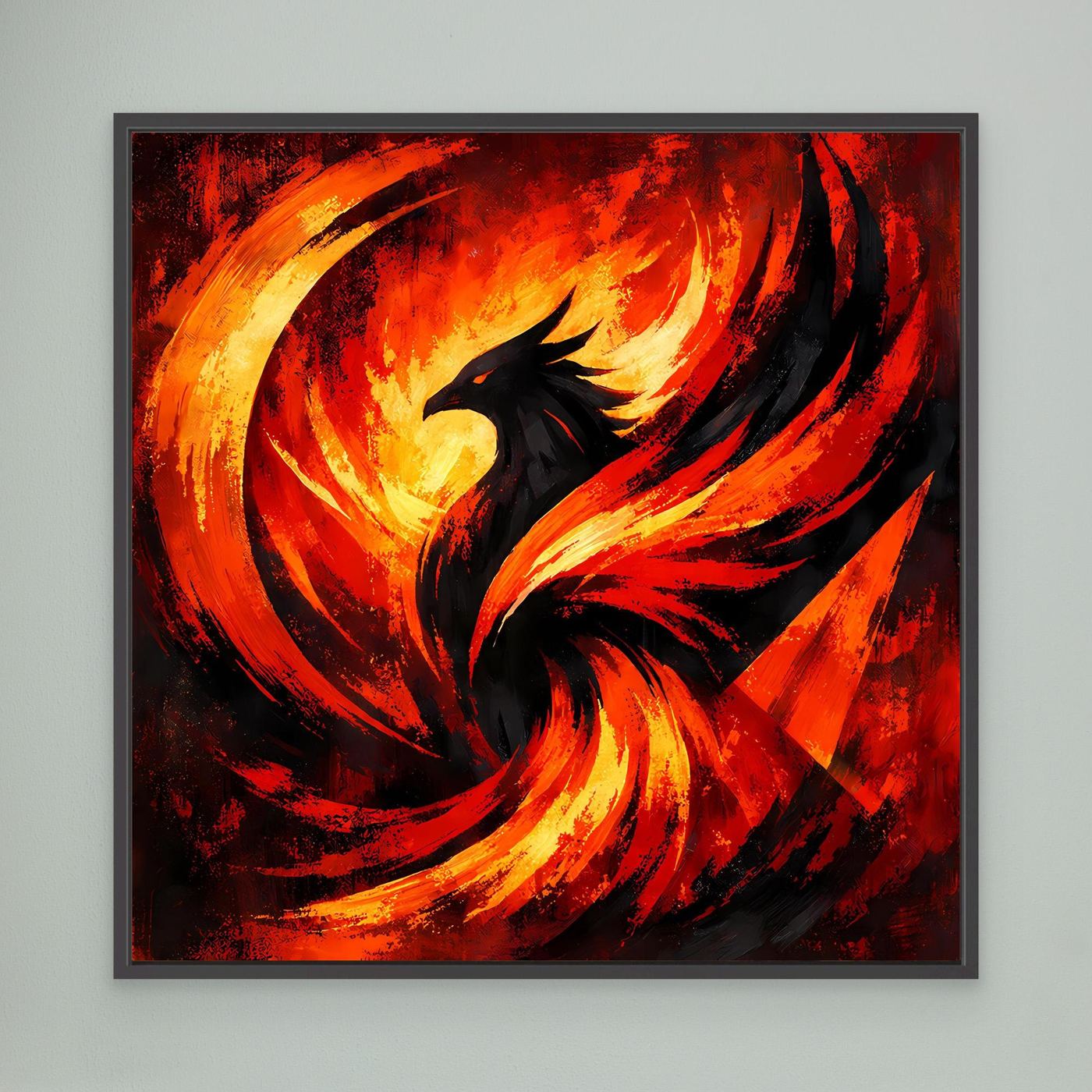 Wandbild: abstrakter Phönix in Schwarz/Feuerrot mit goldenen Flammen, schwarz gerahmt