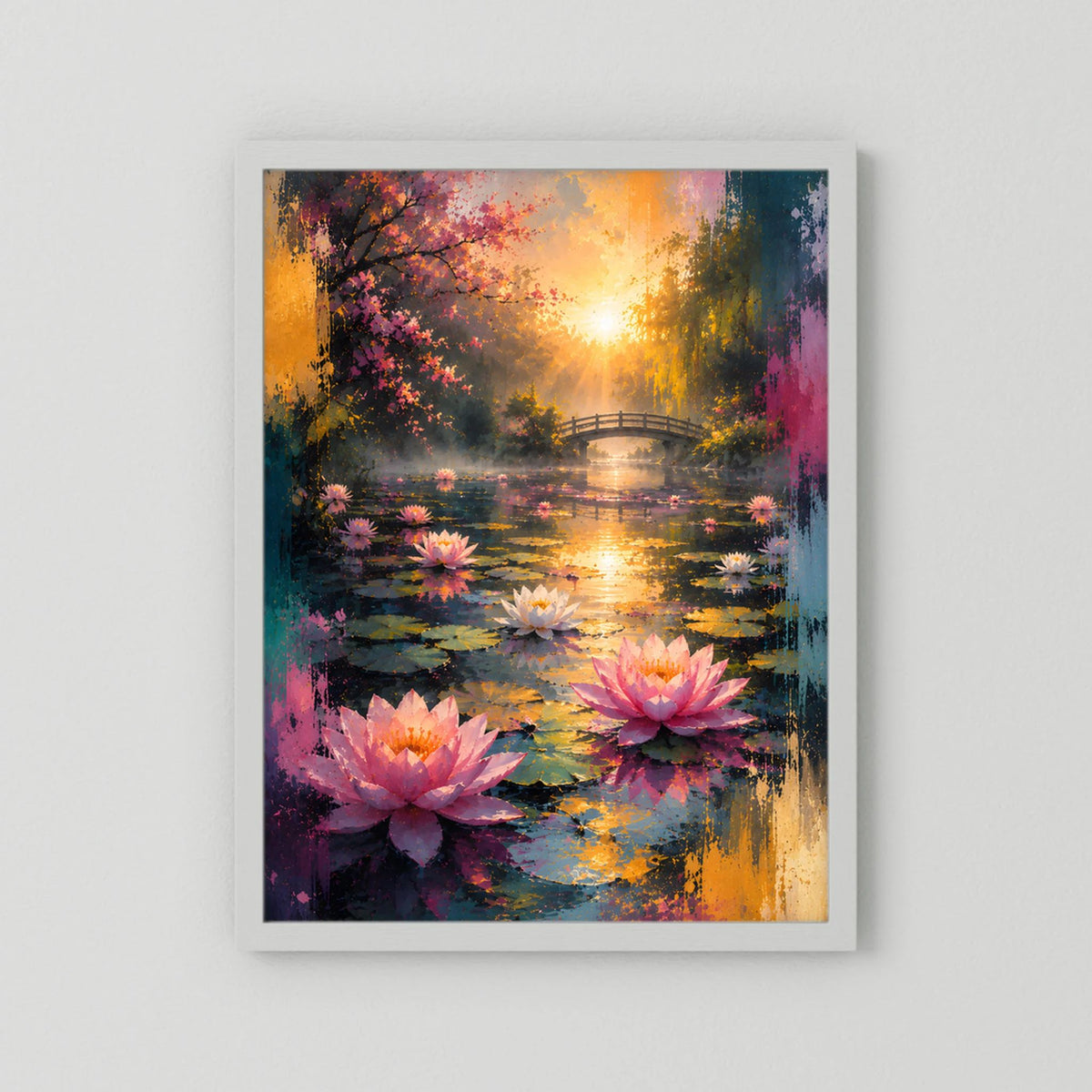 Poster im Hochformat: Seerosen und See mit Brücke; Sonnenaufgang in warmen Farbtönen.