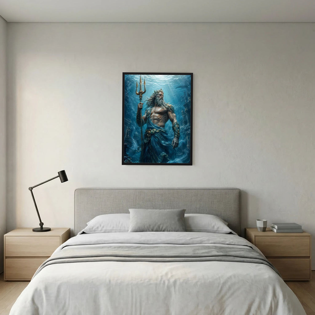 Hochformat-Poster: Poseidon hält den Dreizack, Szene im Meer in Blau