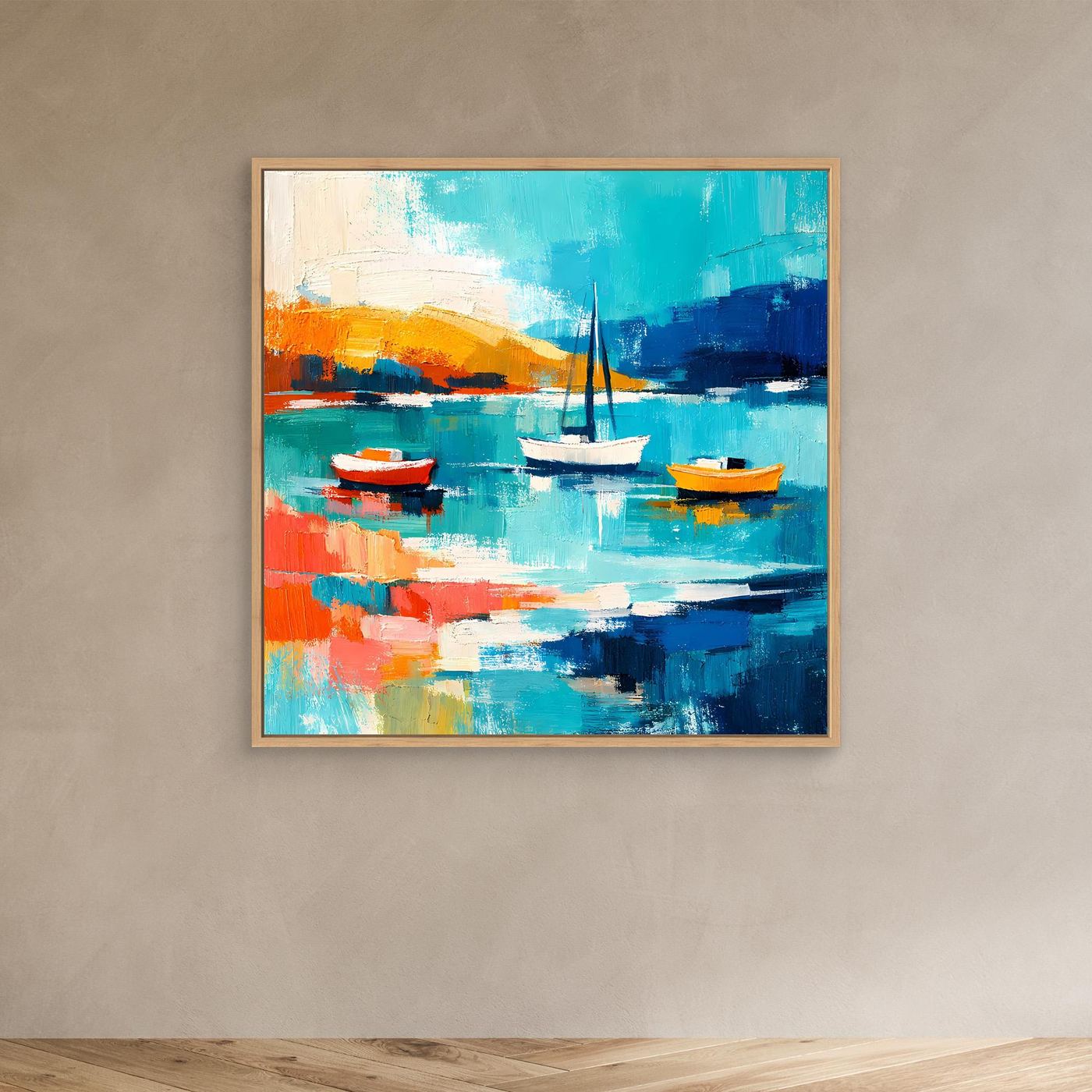 Abstract sailboat wall art with light wood frame, teal and blue boats and water reflections