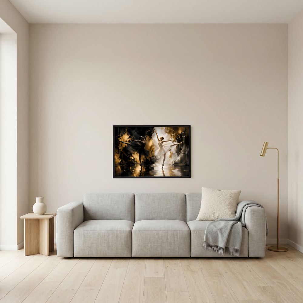 Querformat-Poster mit Tänzerin Schwarz/Weiß und goldener Abstraktion, schwarzer Rahmen