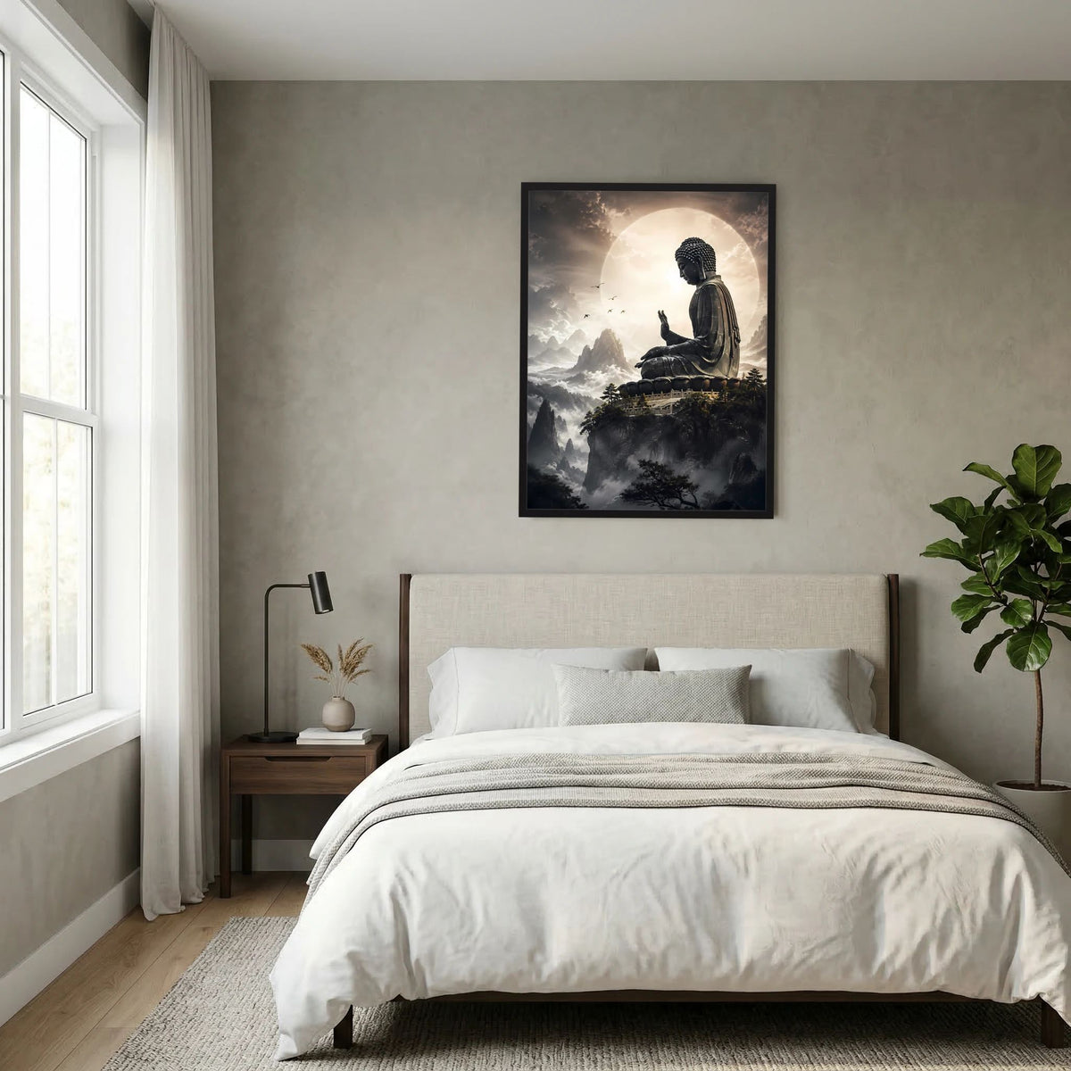 Hochformat-Poster mit Buddha in Meditation, Lichthalo über dunkler Landschaft
