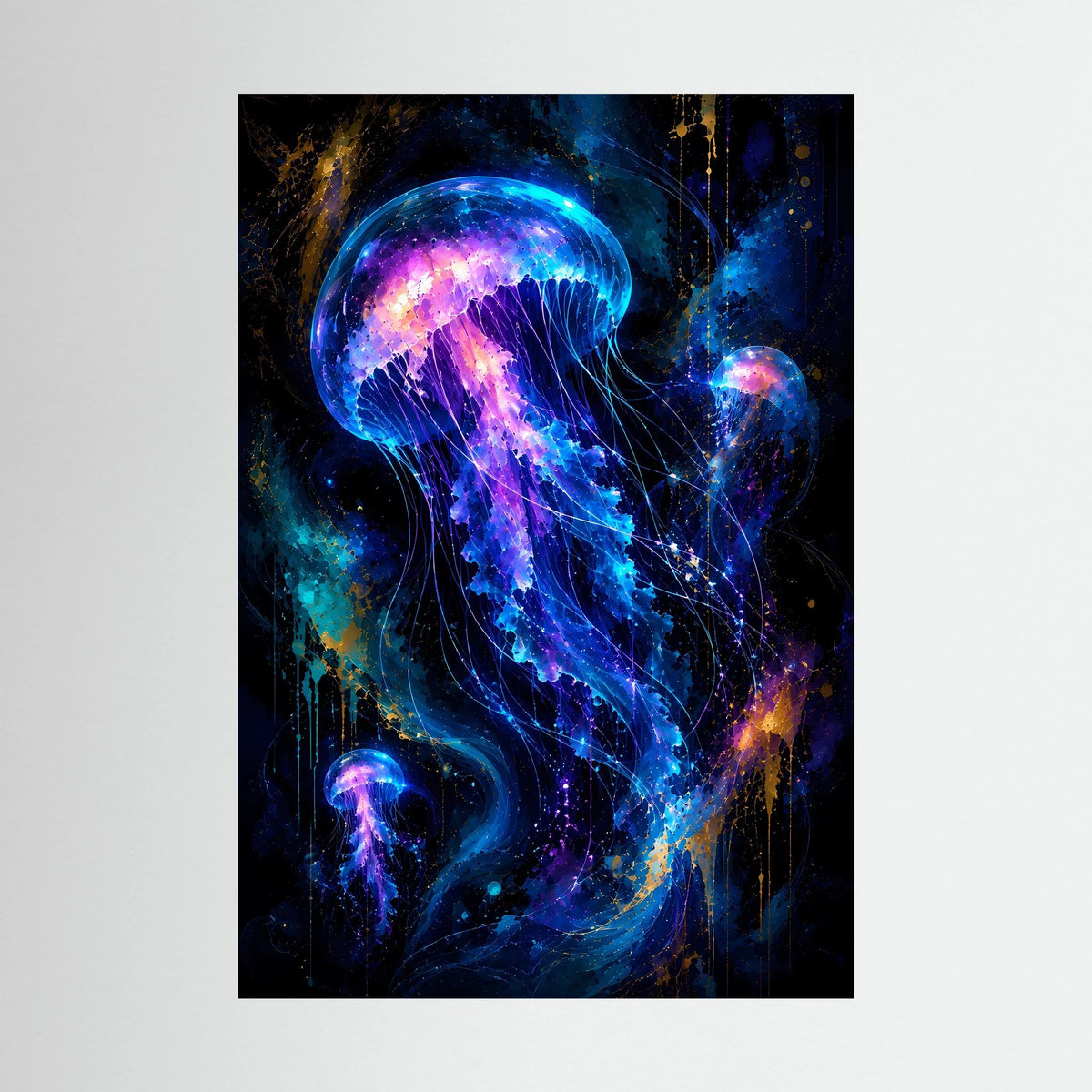 Poster mit leuchtenden Quallen in Neonblau und Violett, Hochformat ohne Rahmen