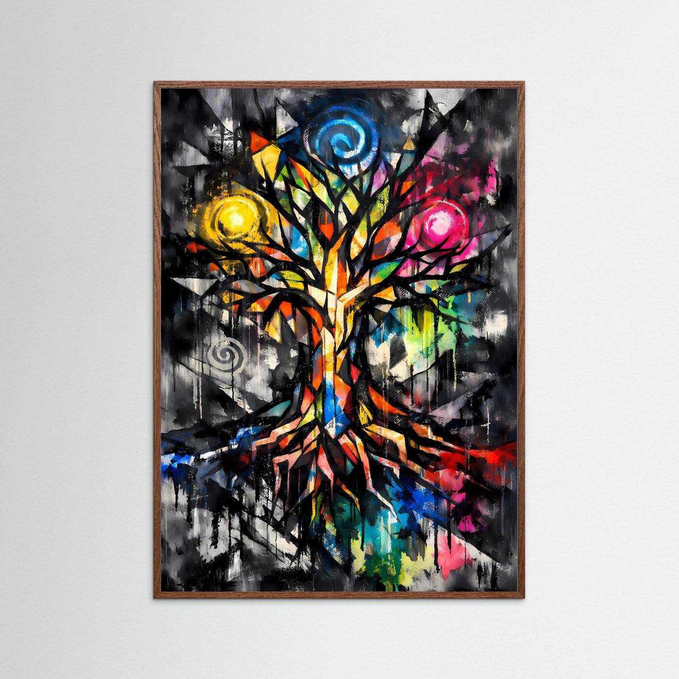 Die Energie des Lebens | Farbenfrohes Lebensbaum Poster in bunten Farben & Schwarz | Abstraktes Kunstposter Hochformat