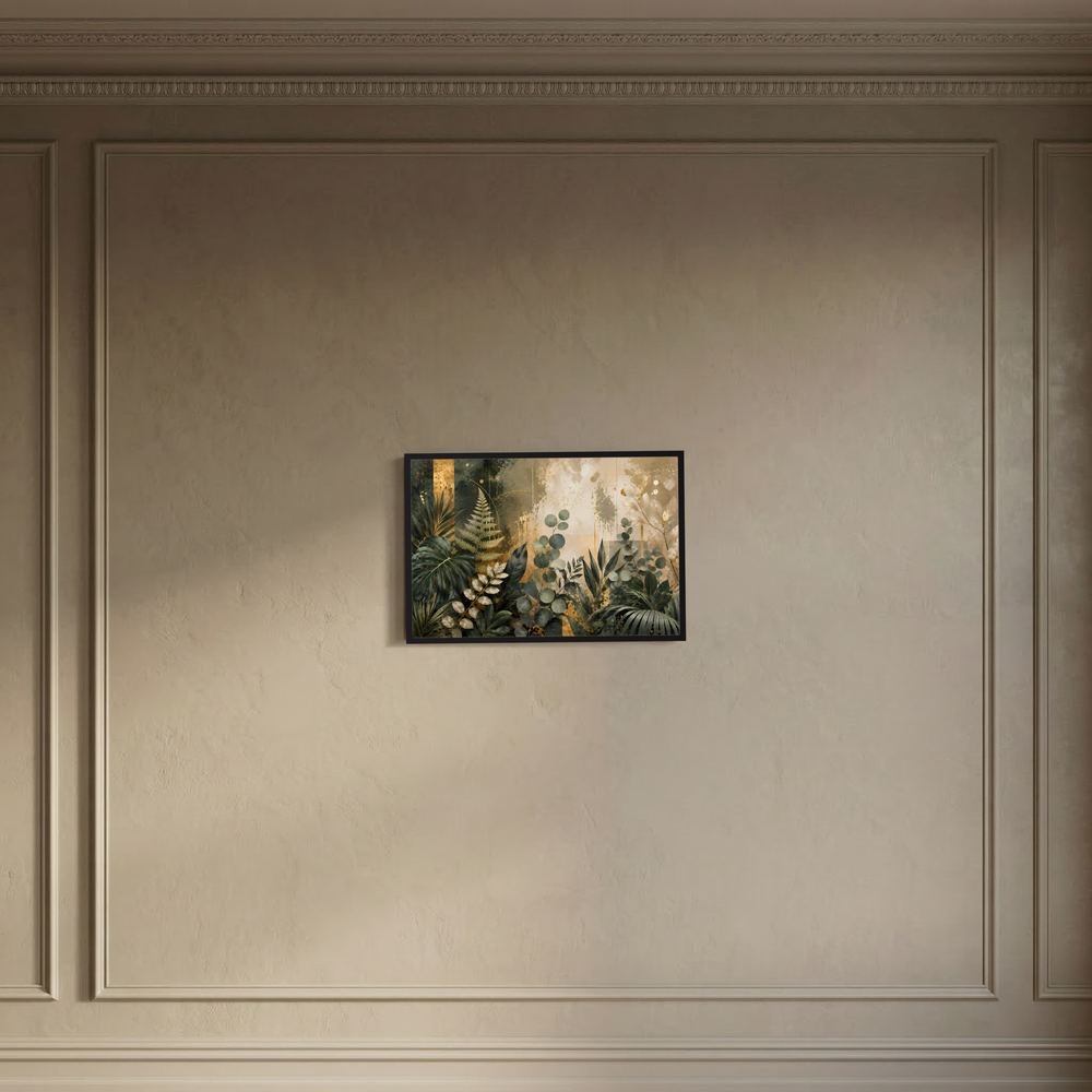 Gerahmtes Querformat-Poster mit botanischem Blattmotiv in Grün und Gold an einer Zierwand.