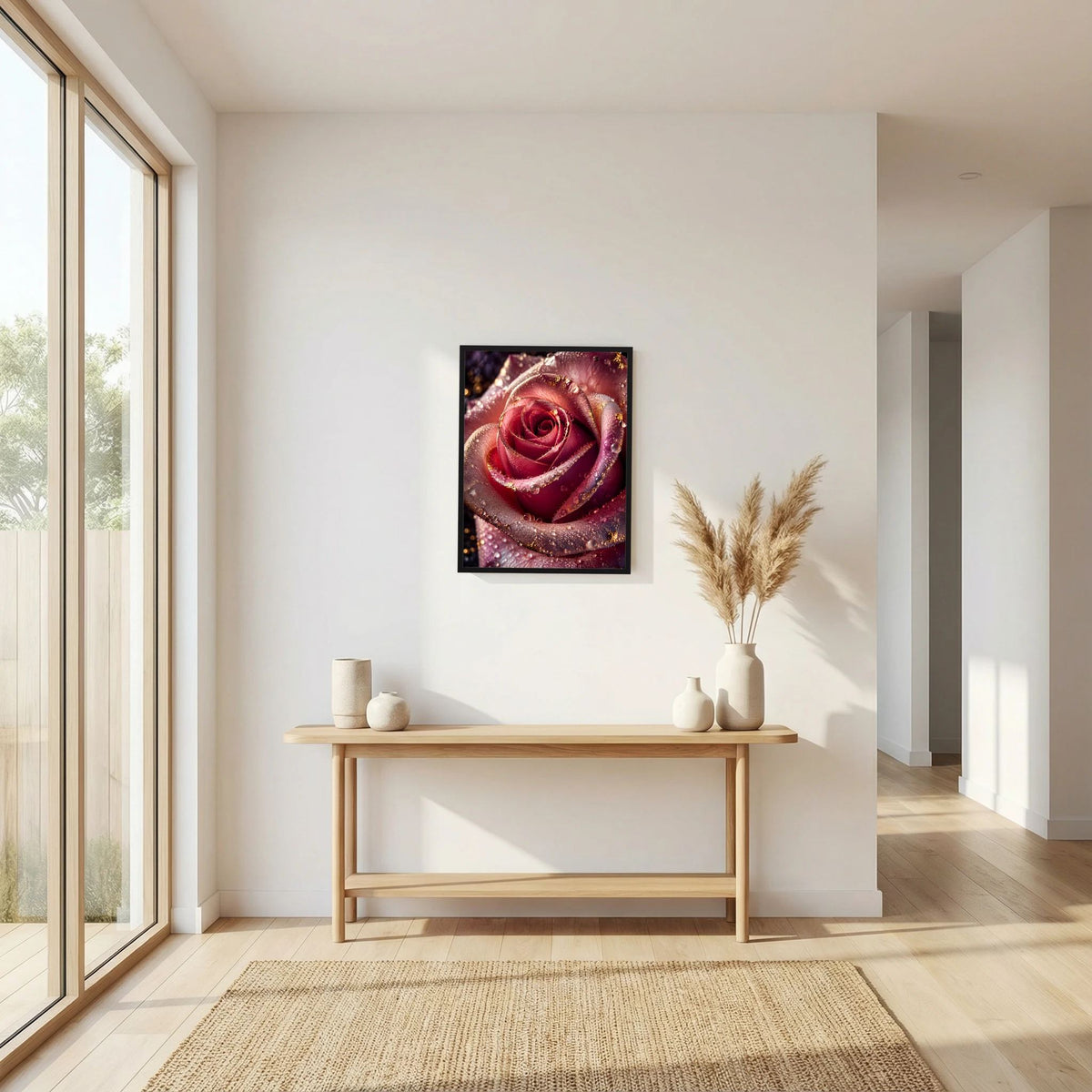 Rosenposter im schwarzen Rahmen mit roter Rosenblüte, Wasserperlen und goldenen Akzenten