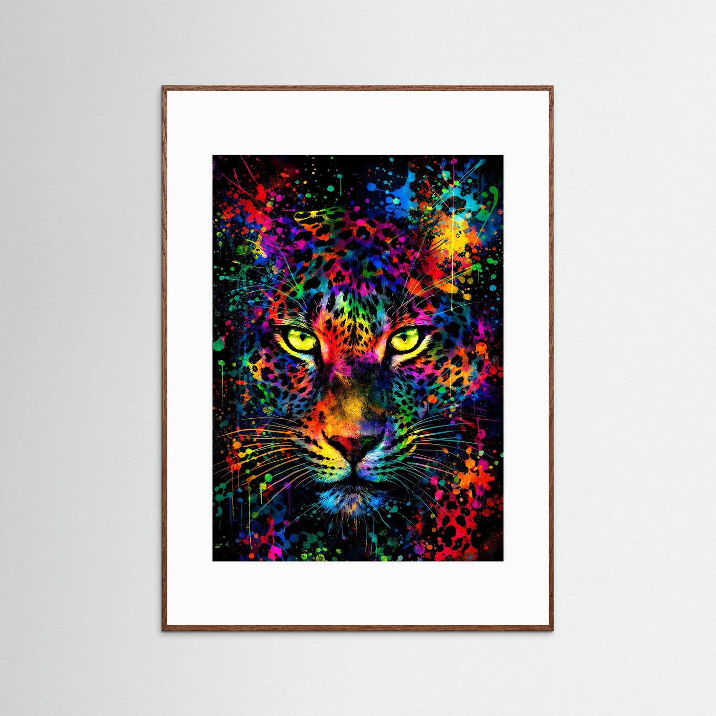 Leopardenkopf-Poster mit bunter Farbexplosion im rechteckigen Rahmen, braun