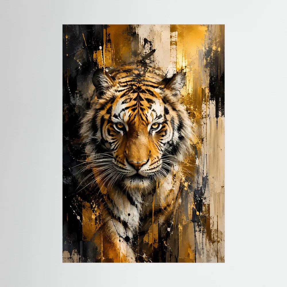 Kunstposter Hochformat: Tigerkopf in Gold- und Schwarztönen, abstraktes Spritzdesign