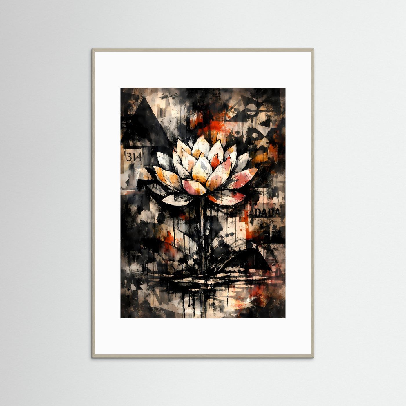 Kunstposter mit abstrakter Lotusblüte, Schwarz-Weiß mit Rostorange, hellgrau gerahmt