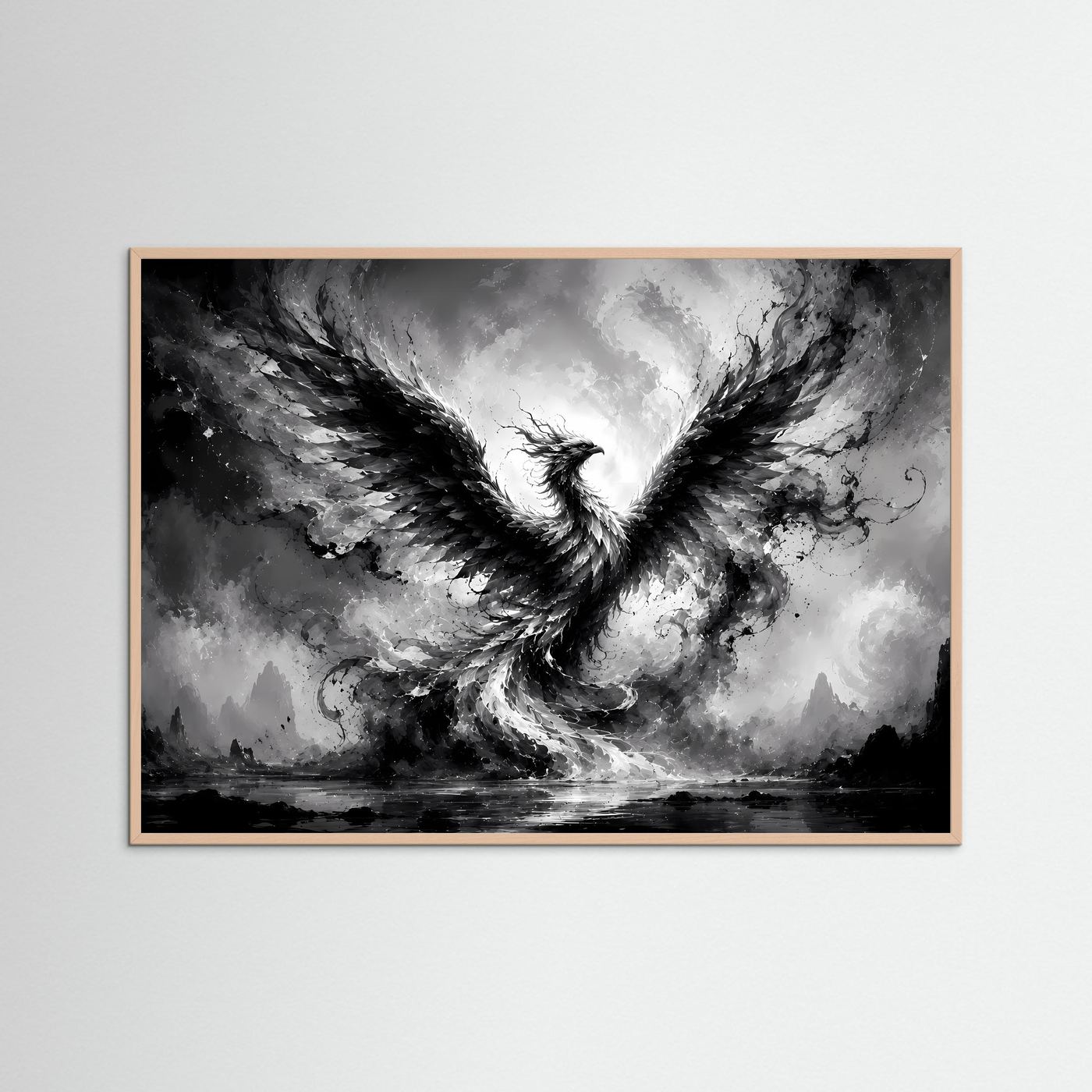 Phönix aus Licht und Schatten | Mystische Schwarz-Weiß Wandkunst – Abstrakter Feuervogel