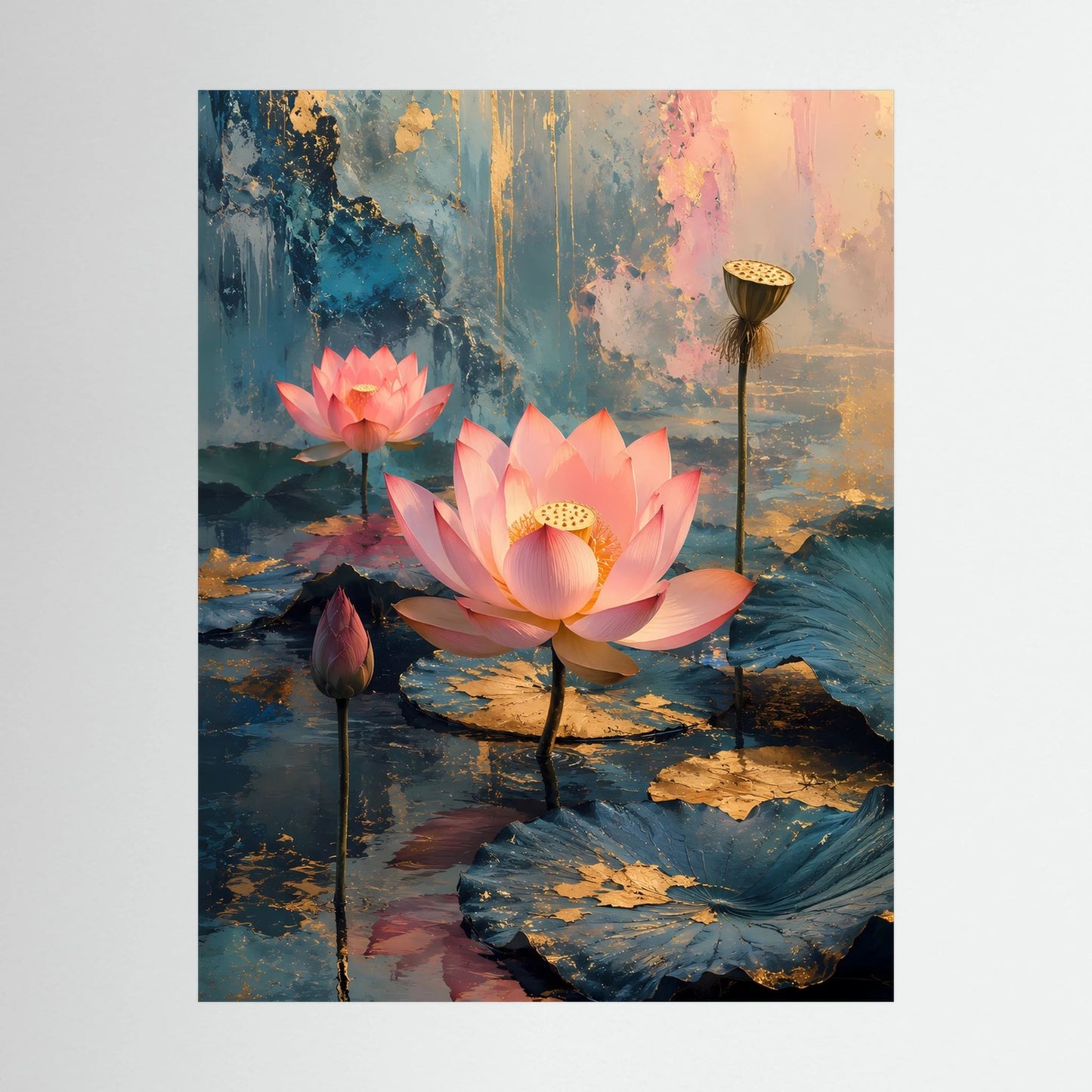 Detail des Hochformat-Posters: rosa Lotusblüten, petrolfarbenes Wasser und goldene Reflexe