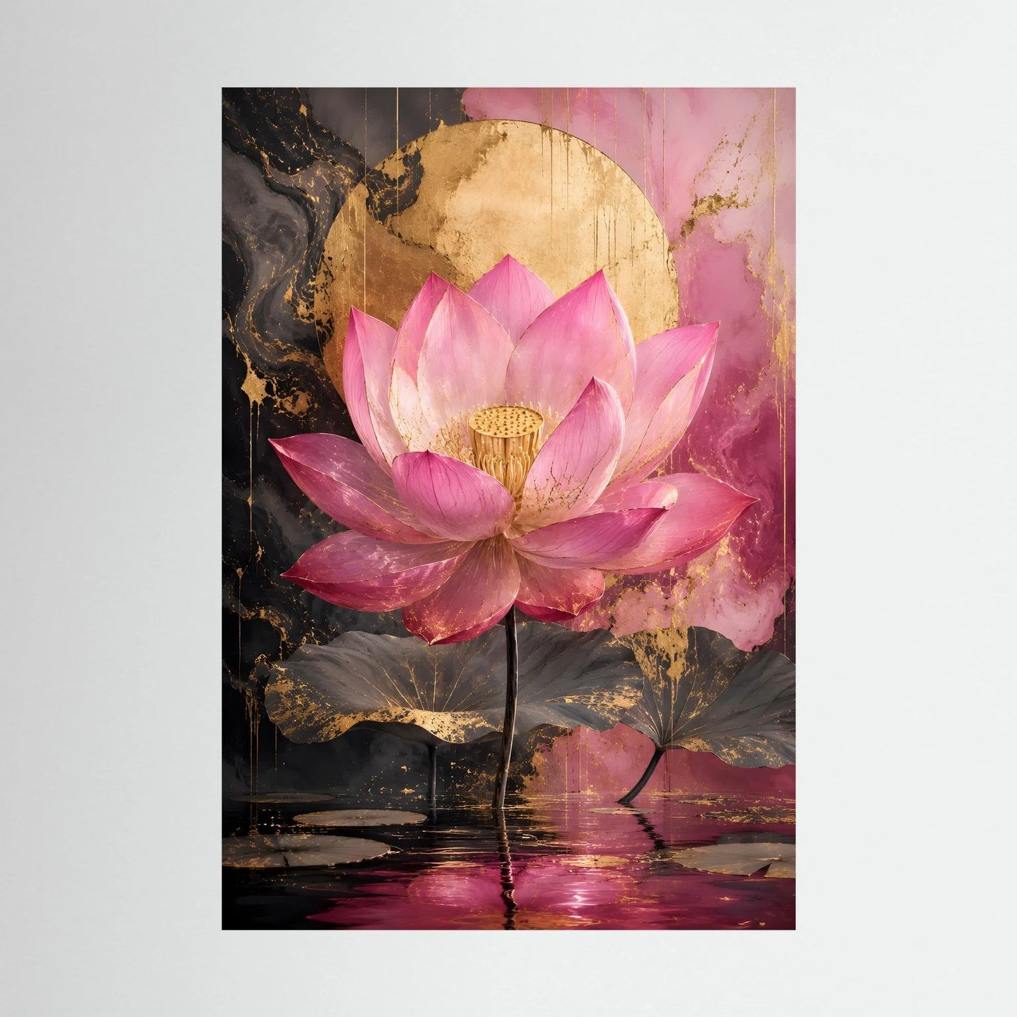 Lotusblumen-Poster: rosa Lotusblüte mit goldener Schale, dunkler Hintergrund, Hochformat