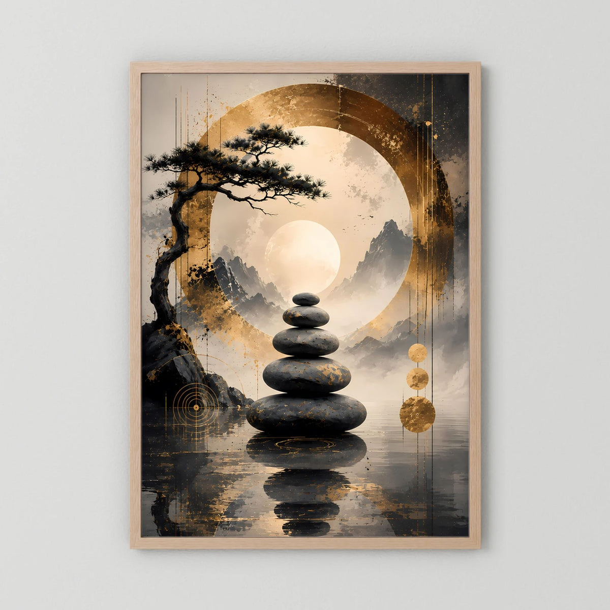 Poster im Hochformat mit Bonsai, Steinstapel und goldfarbener Mondgrafik, Holzrahmen hell