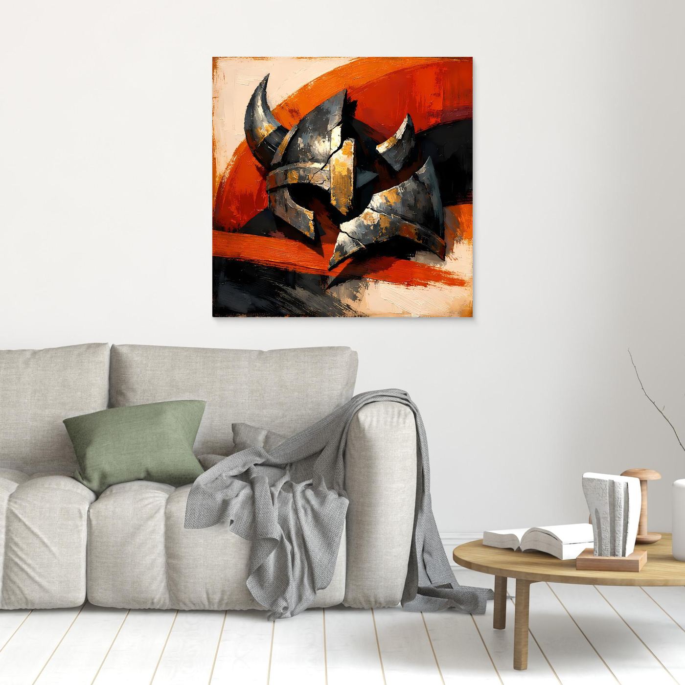 Wandbild Leinwand mit Wikingerhelm, abstraktes Gemälde in Grau, Schwarz und Orange, Holzrahmen
