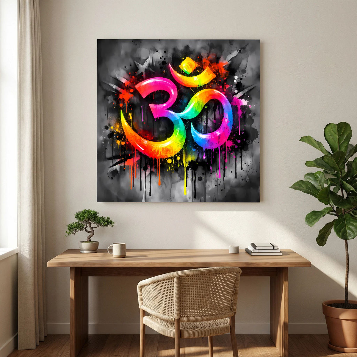 Keilrahmen-Leinwandbild: Om-Symbol mit Regenbogenfarben und Spritzer-Details auf Grau
