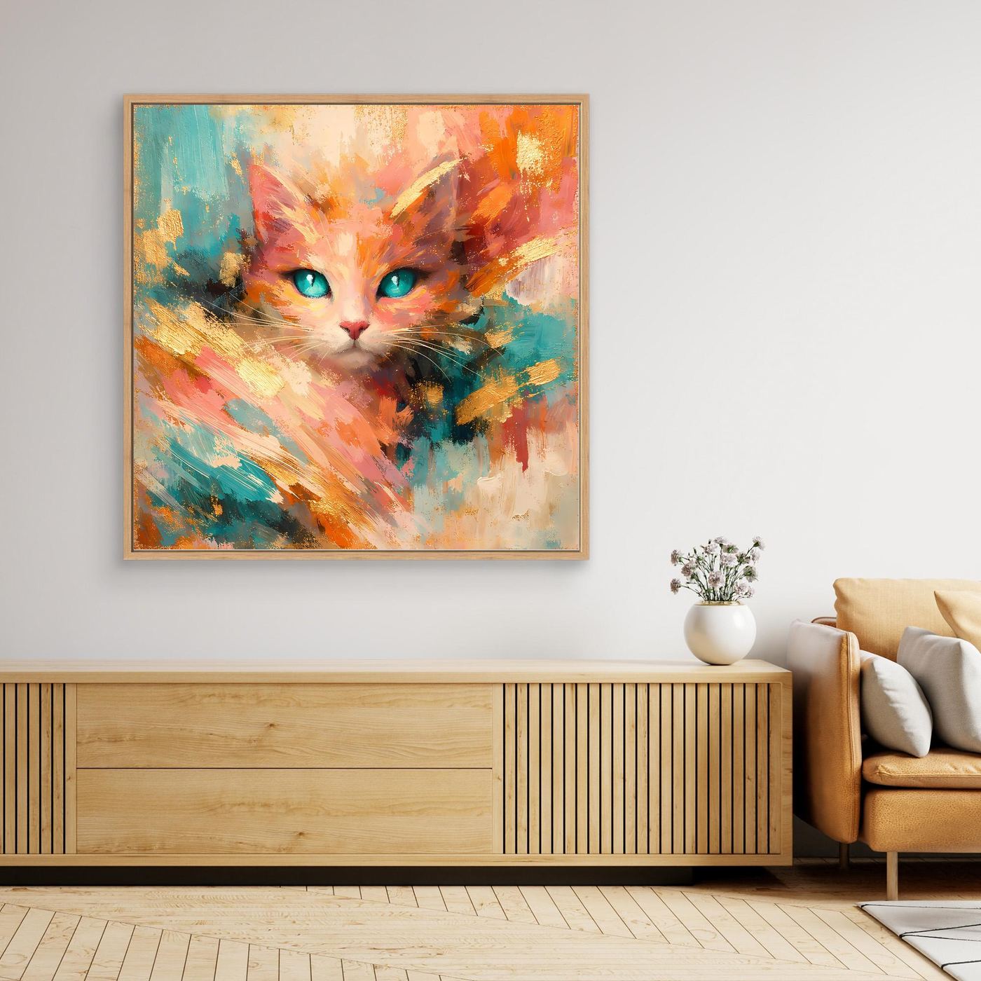 Leinwandbild abstrakte Katze mit türkisfarbenen Augen, bunt, mit hellem Holzrahmen