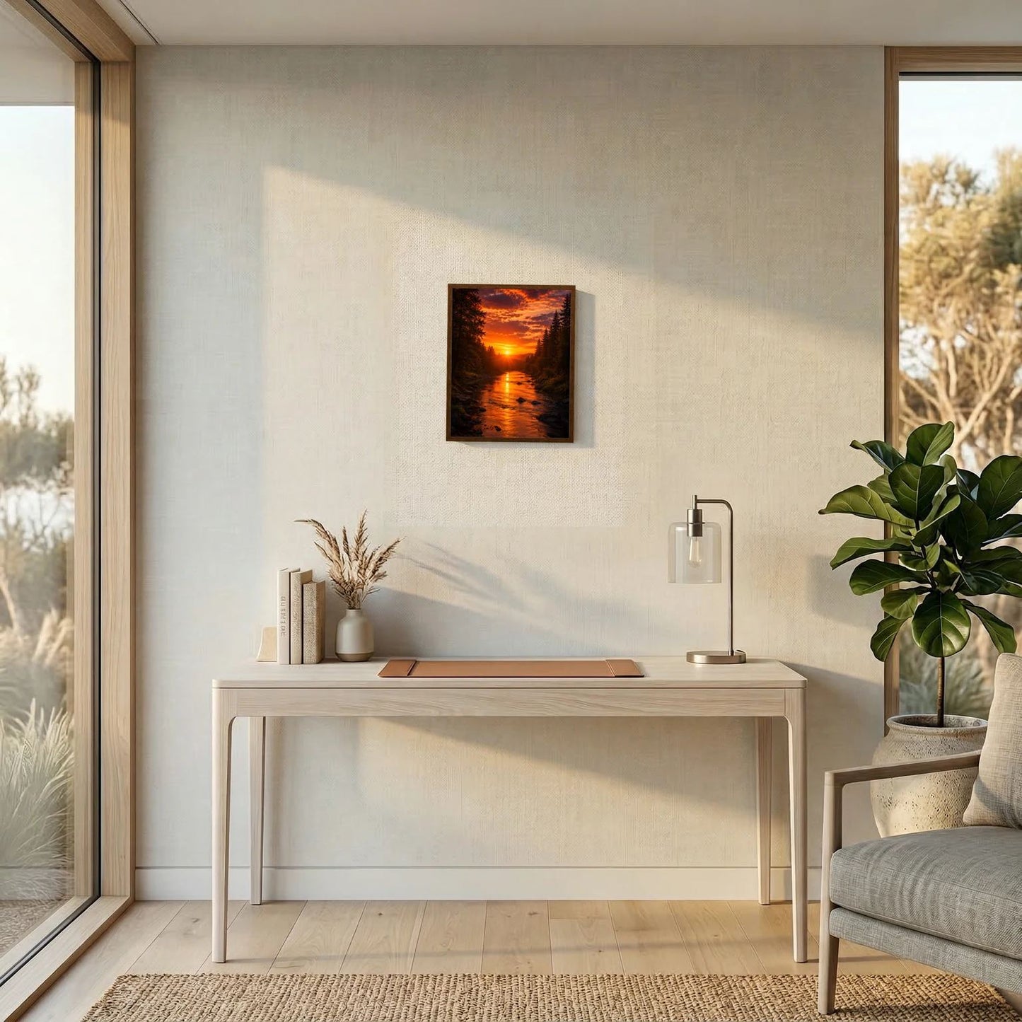 Wandposter im schwarzen Rahmen mit Sonnenuntergang über Waldfluss und orangefarbenem Himmel