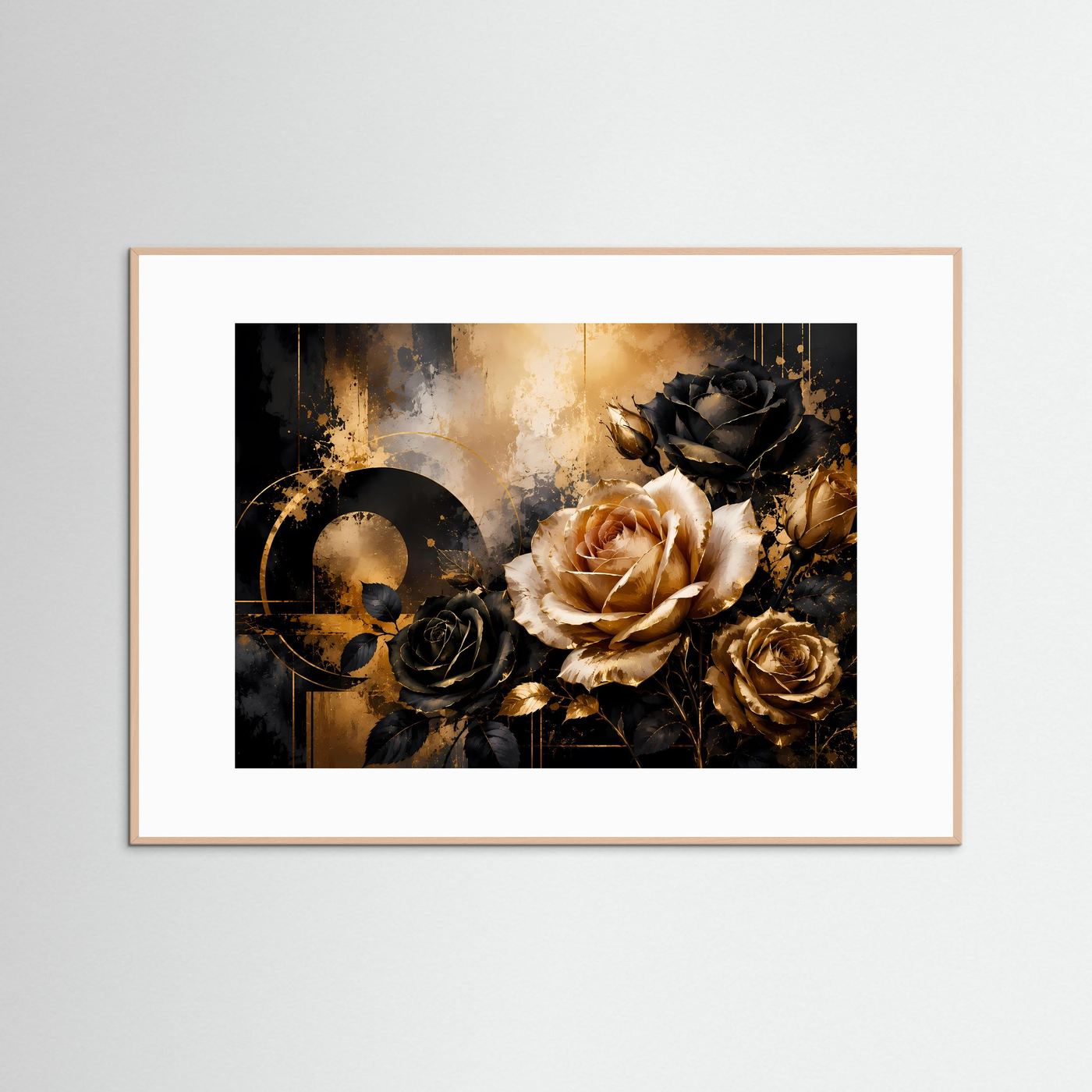 Rosen Poster Querformat | Elegante Blumen in Schwarz, Gold & Creme