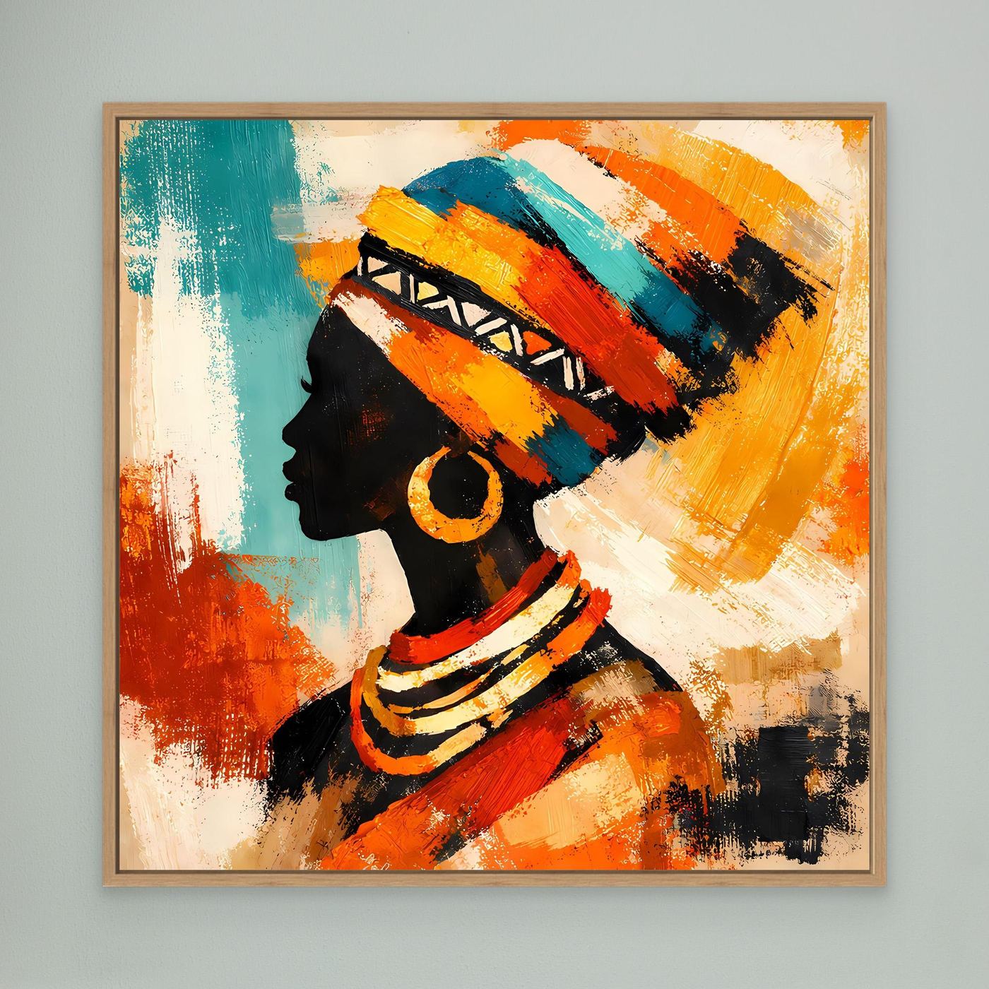 Abstract profile woman wall art in oak frame, teal and orange headwrap with red necklace detail