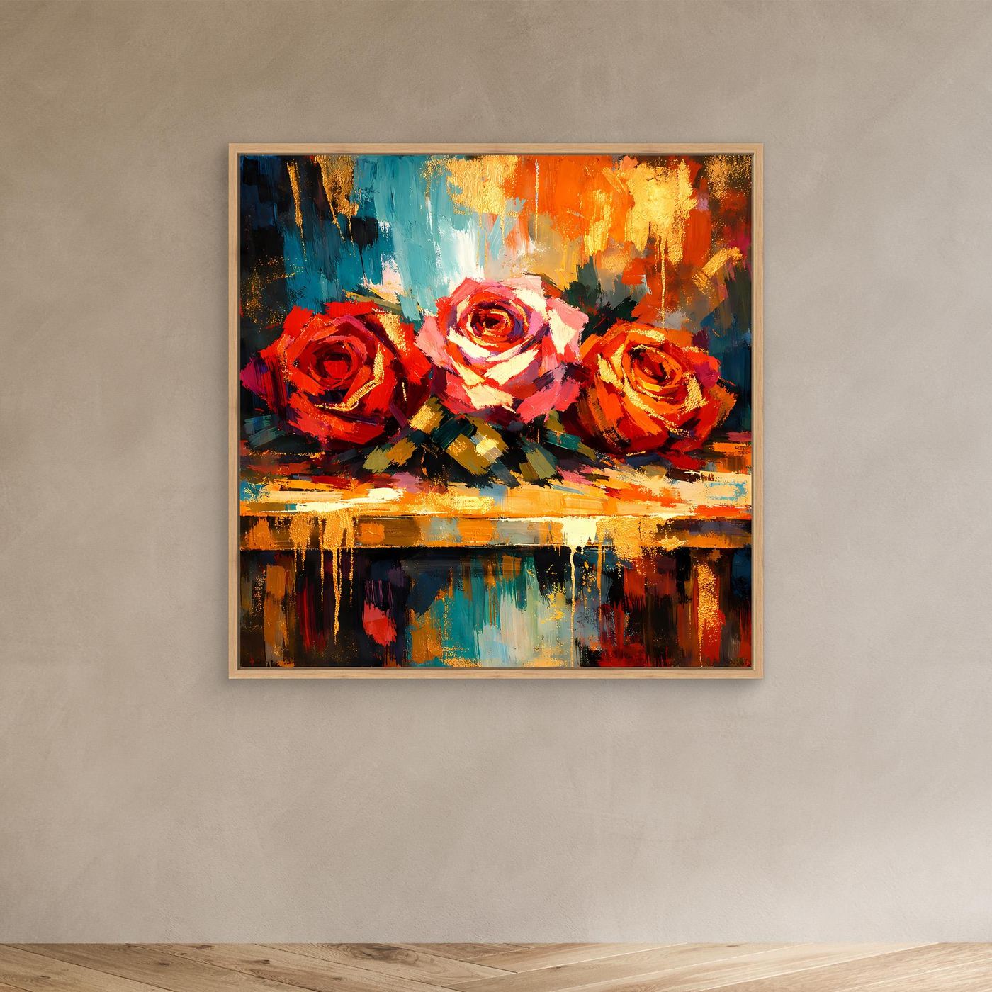 Abstraktes Rosen-Leinwandbild mit bunten Pinselstrichen, goldener Rahmen