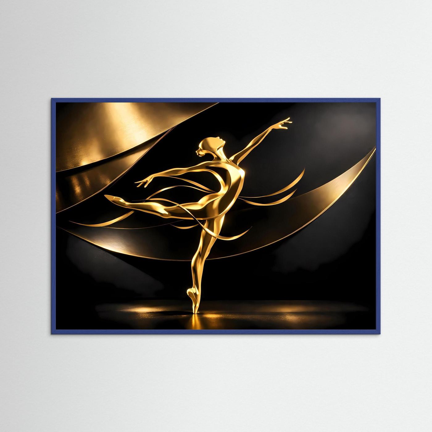 Gerahmtes Wandbild: goldene Ballerina-Skulptur über schwarzen Wellen, blau