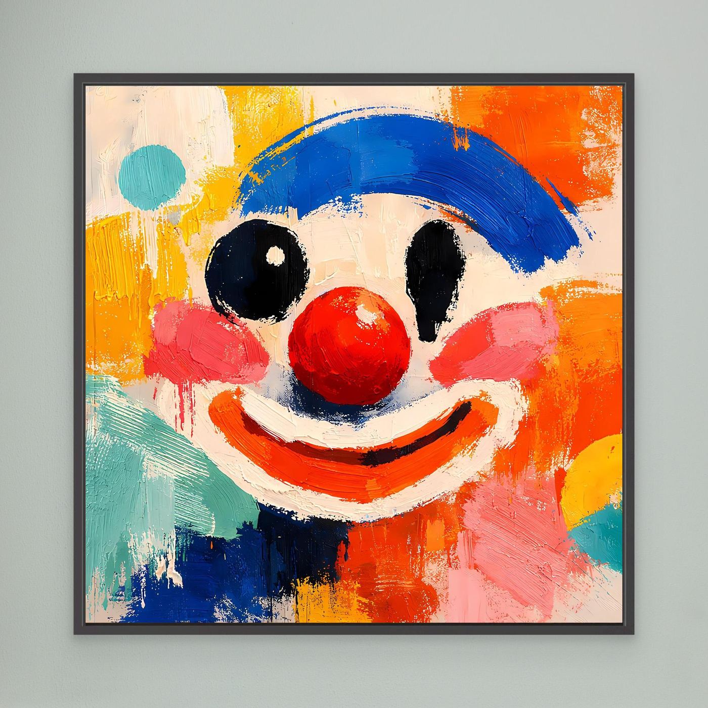 Gerahmtes Leinwand-Wandbild mit abstraktem Clown-Gesicht, blauem Hut und roten Akzenten, schwarzer Rahmen.