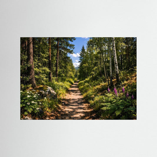 Waldweg-Poster im Mischwald mit grünem Laub, Naturpfad und rechteckigem Bildformat
