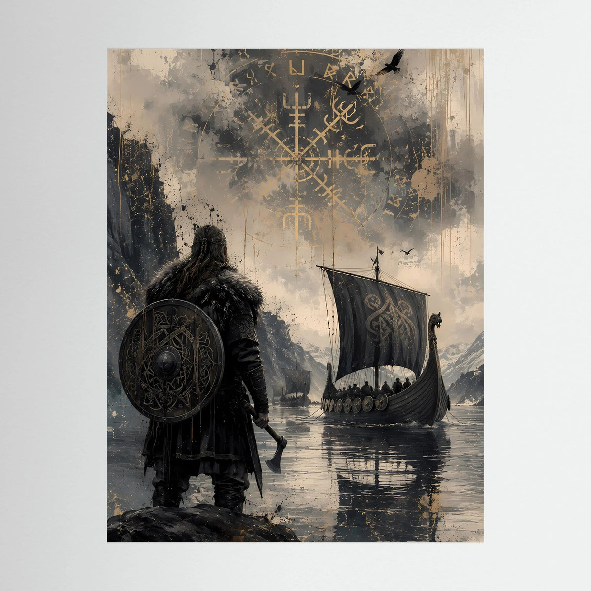 Wikinger-Poster (Hochformat) mit Krieger, Schild und Langschiff; goldene Runen im Hintergrund.