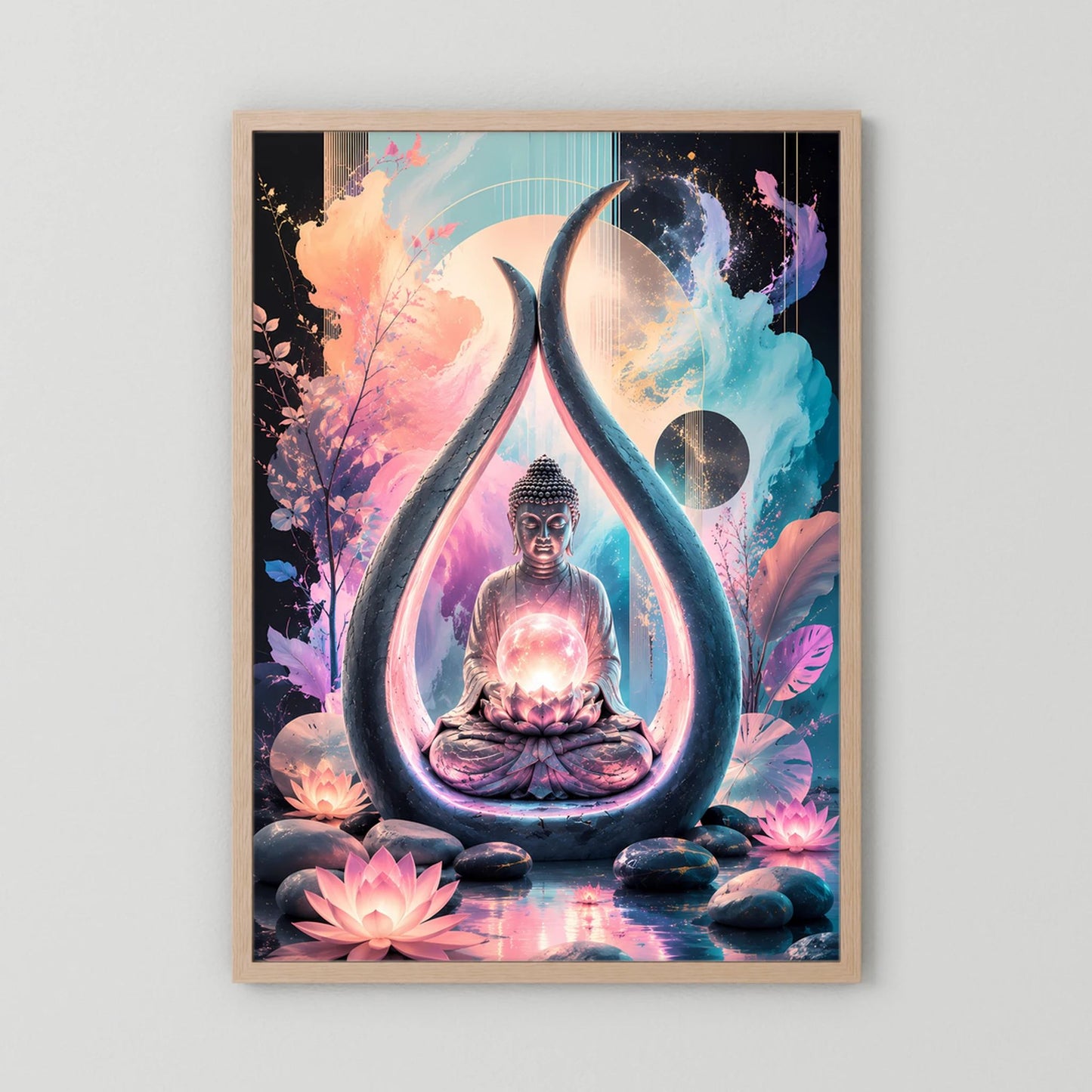 Hochformat-Poster: Buddha im Meditationssitz, Lotus-Design, hellbrauner Holzrahmen