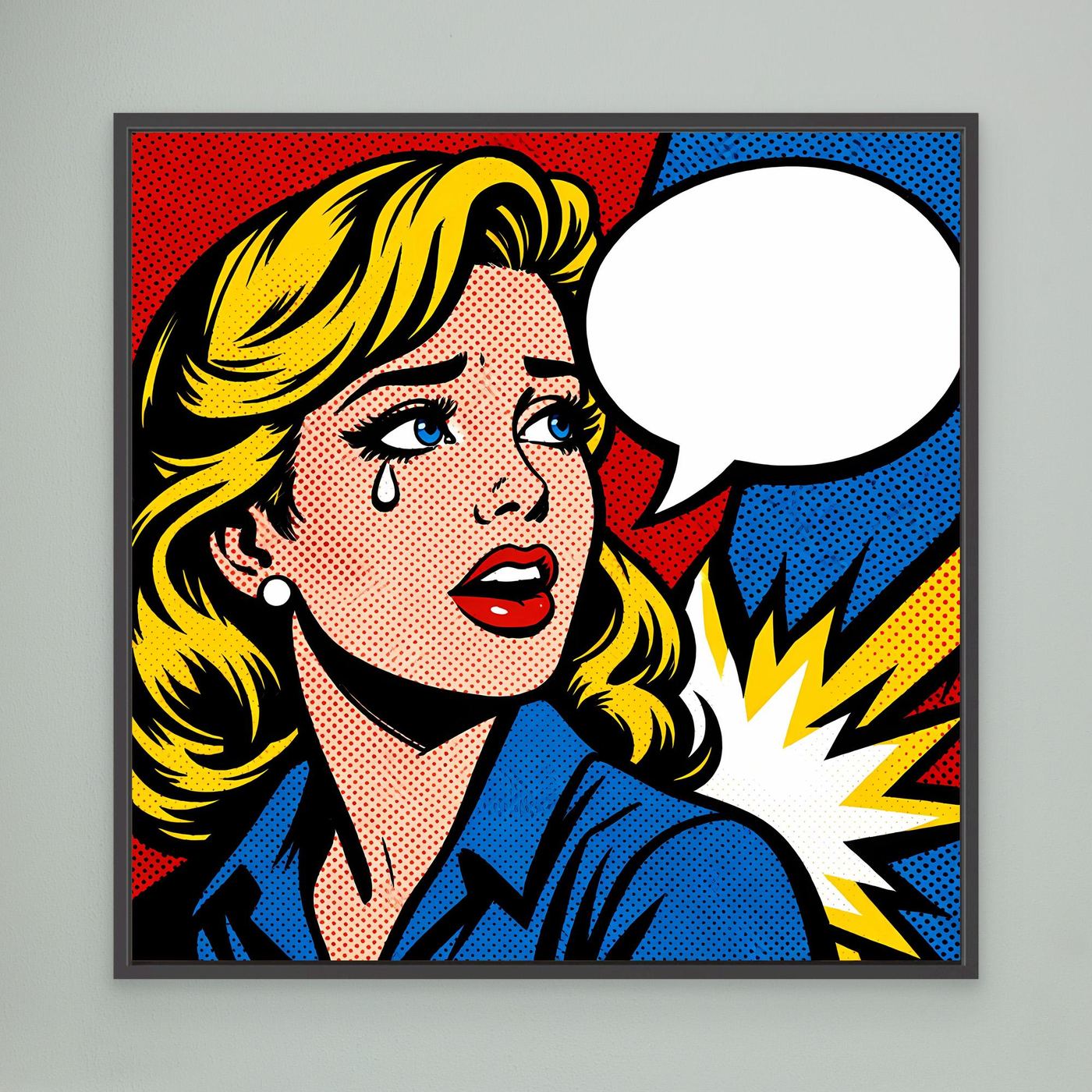 Leinwandbild: Pop-Art-Frau mit Sprechblase, blonde Haare, blaues Hemd, schwarzer Rahmen