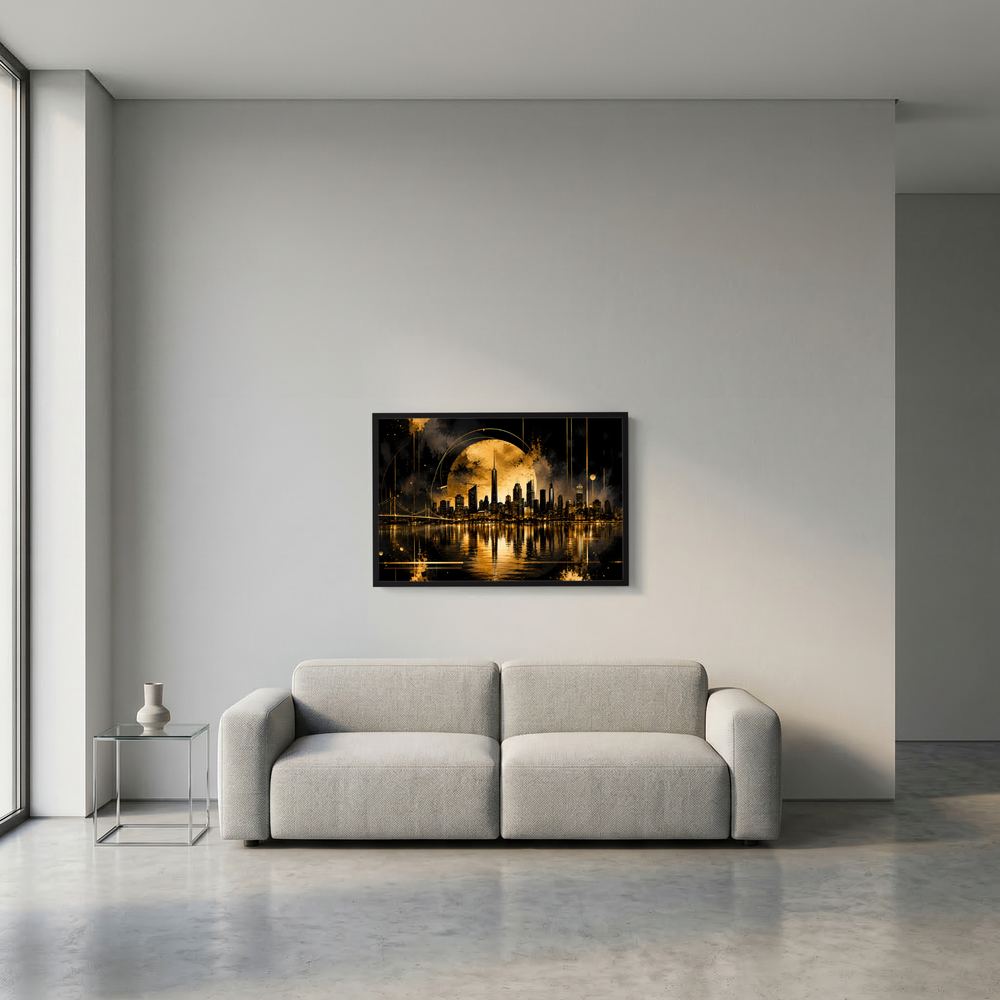 Kleines Querformat-Poster mit goldener Skyline und Spiegelung bei Nacht im schwarzen Rahmen