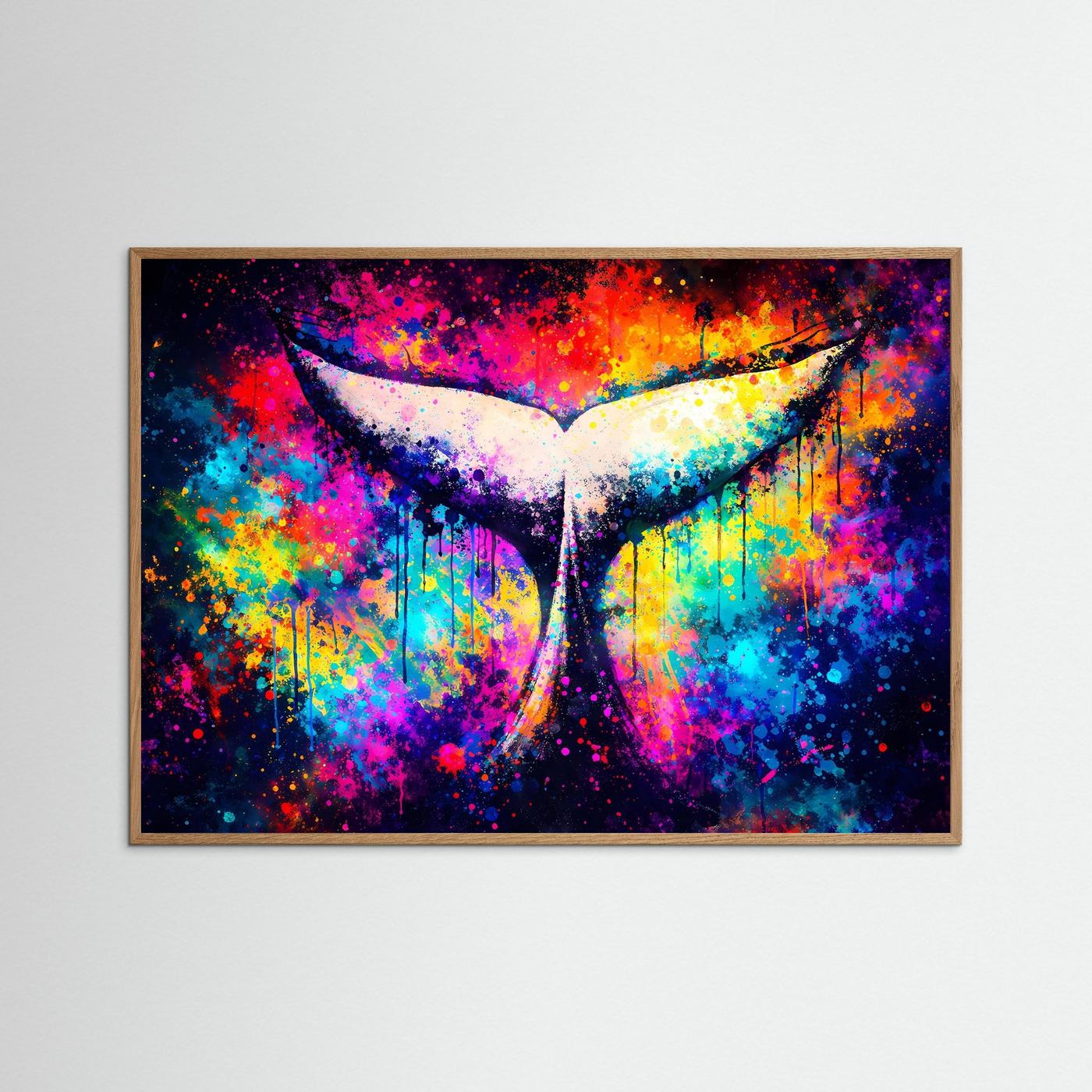 Poster mit abstrakter Walfluke in Neonfarben, hellbraun gerahmt, Querformat
