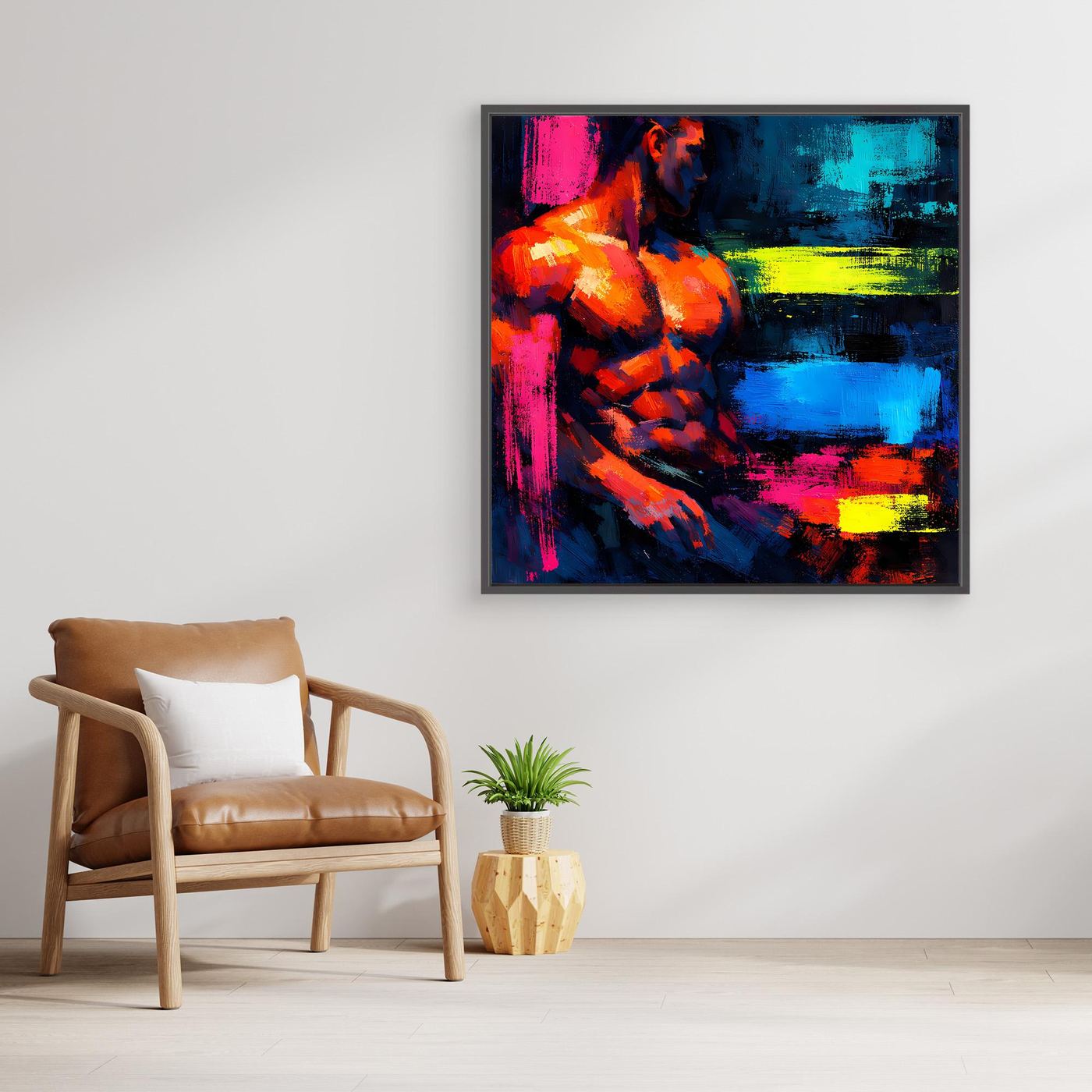 Leinwandbild Abstrakter Männlicher Torso | Moderner Neon-Kunst Wandbild auf echtem Holzkeilrahmen
