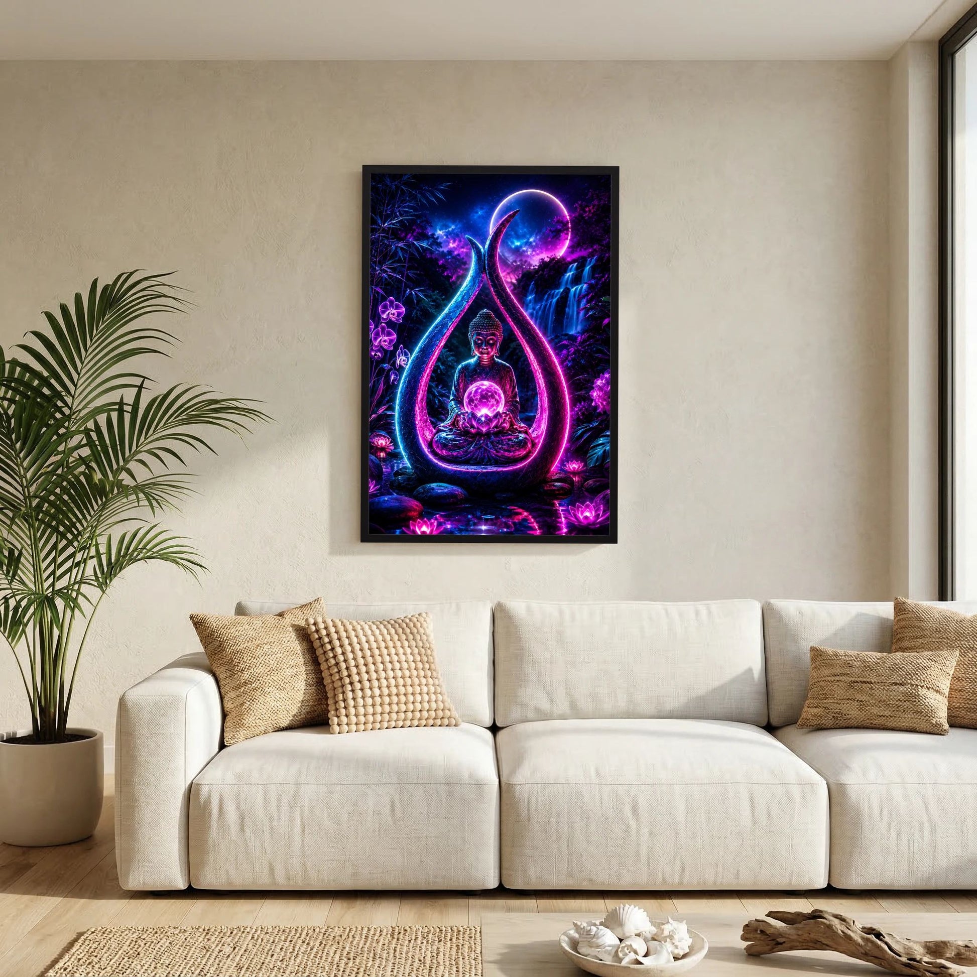 Neon-Poster im Hochformat: meditierender Buddha mit Lotus, schwarzer Rahmen