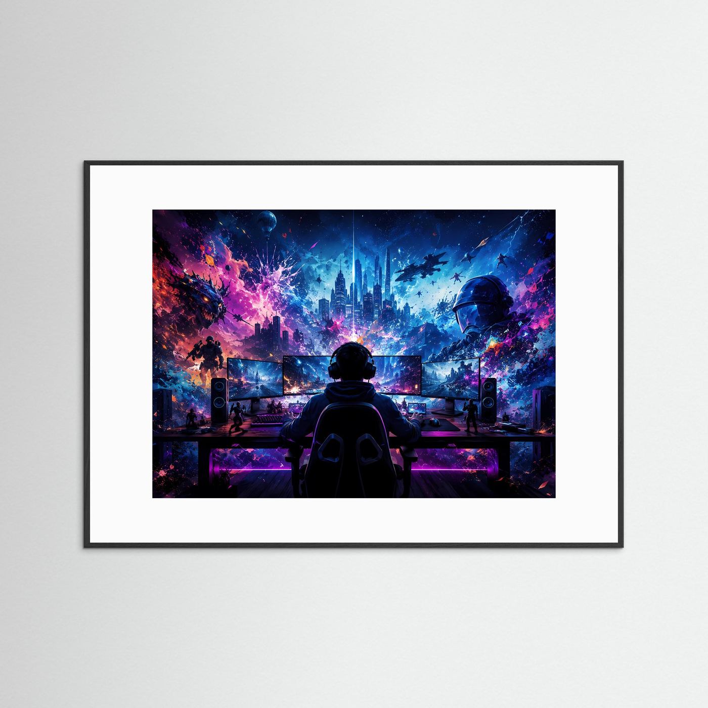 Gaming World Neon Blau & Pink | Futuristische Gamer Wandkunst