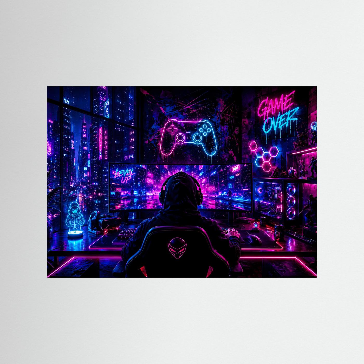 Gaming Setup Poster | Cyberpunk Gamer Zimmer mit Neon RGB Beleuchtung | Futuristische Gaming Wandkunst
