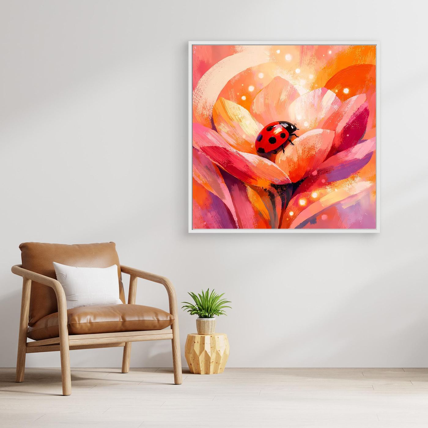 Gerahmtes Leinwandbild mit Marienkäfer auf Blüte, leuchtendes abstraktes Blumenmotiv