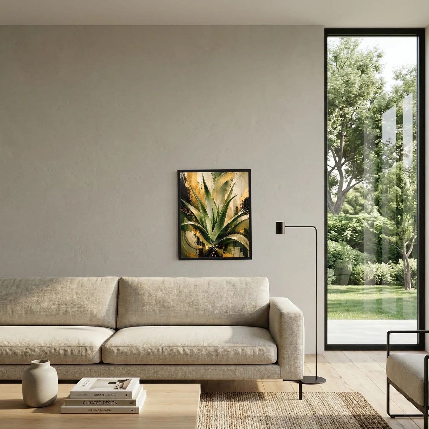 Abstraktes Aloe-Vera-Wandbild mit grünen Blättern und goldfarbenen Farbflecken im schwarzen Rahmen