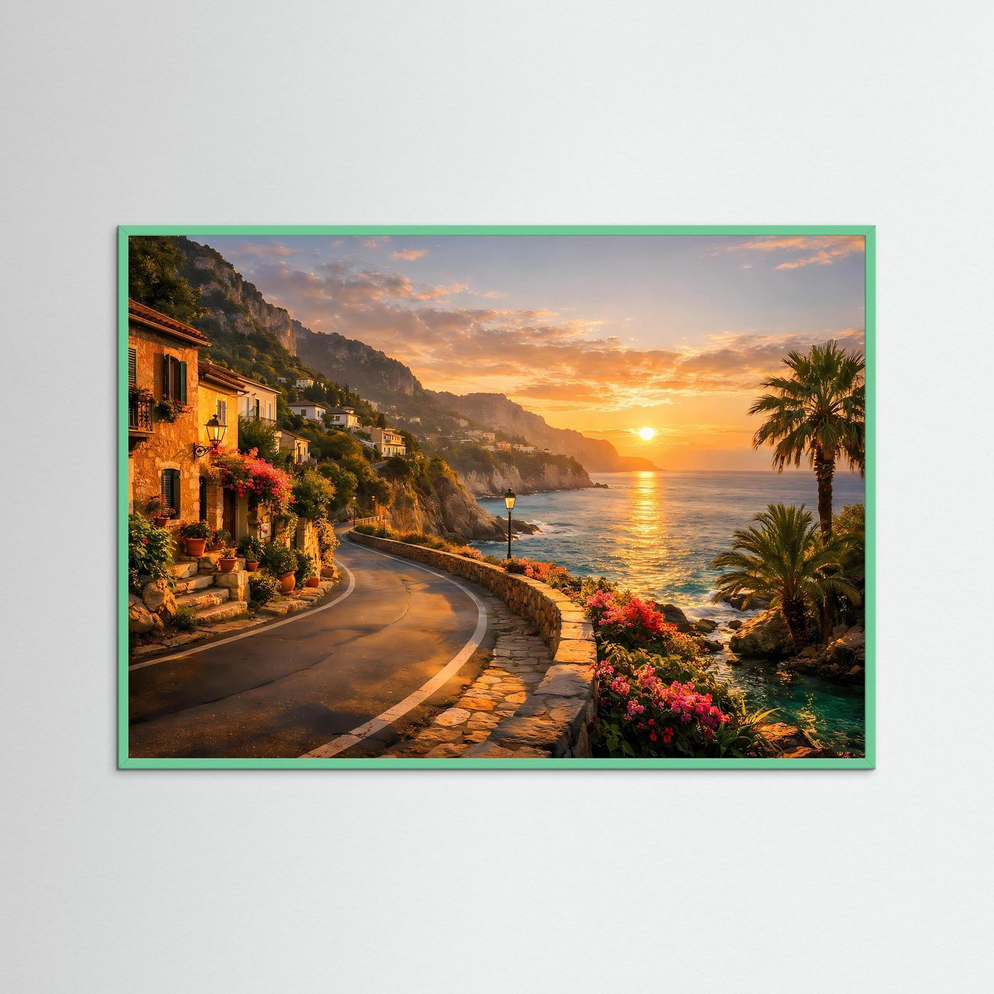 Poster mit Küstenstraße am Sonnenuntergang und Meer, grüner Rahmen