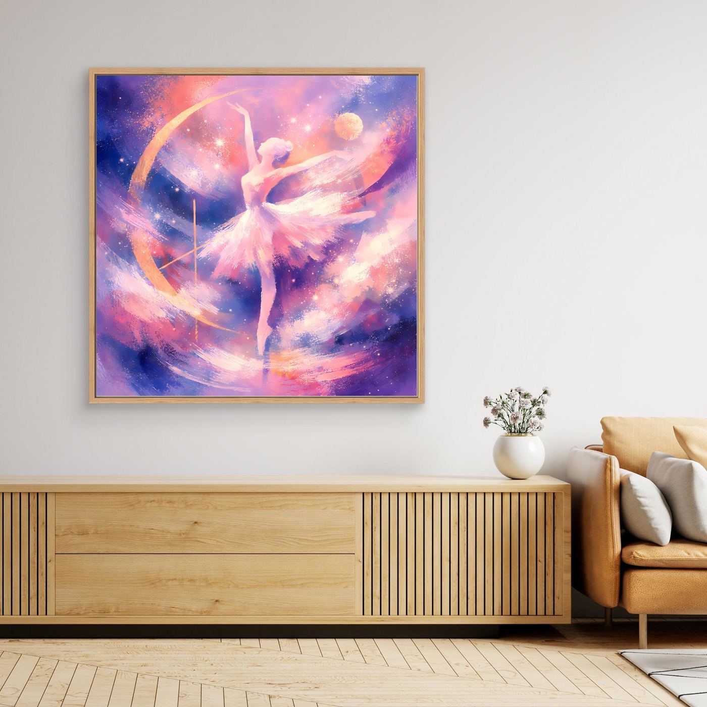 Gerahmtes Leinwandbild mit tanzender Ballerina in pastellfarbenem Sternenhimmel