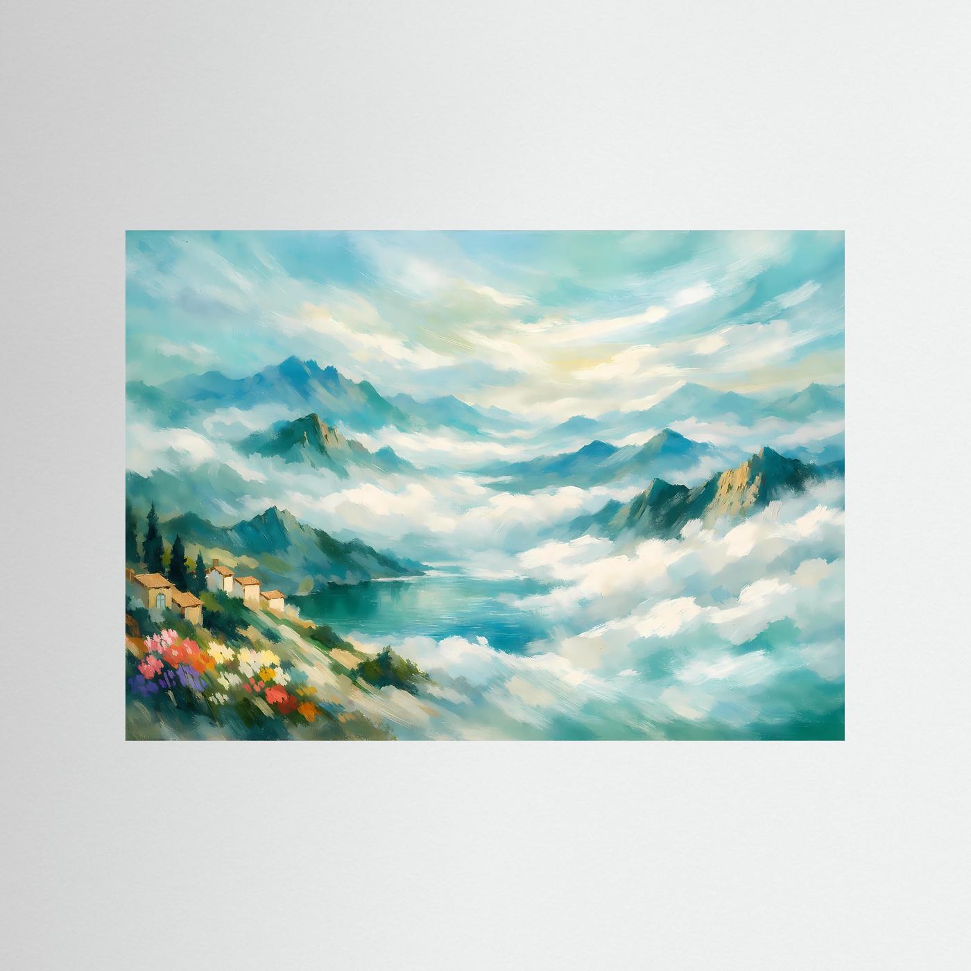 Wandbild mit Landschaftsgemälde von Bergen im Nebel, ohne erkennbaren Rahmen