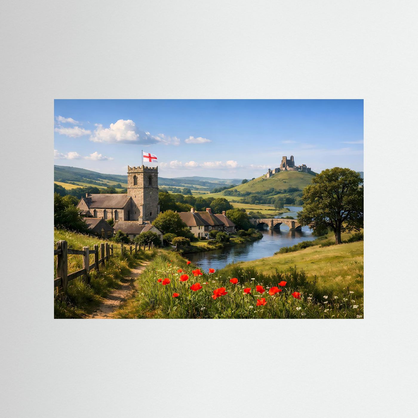 Naturposter Querformat mit blauem Rahmen: Burgruine, Fluss und rote Mohnblumen