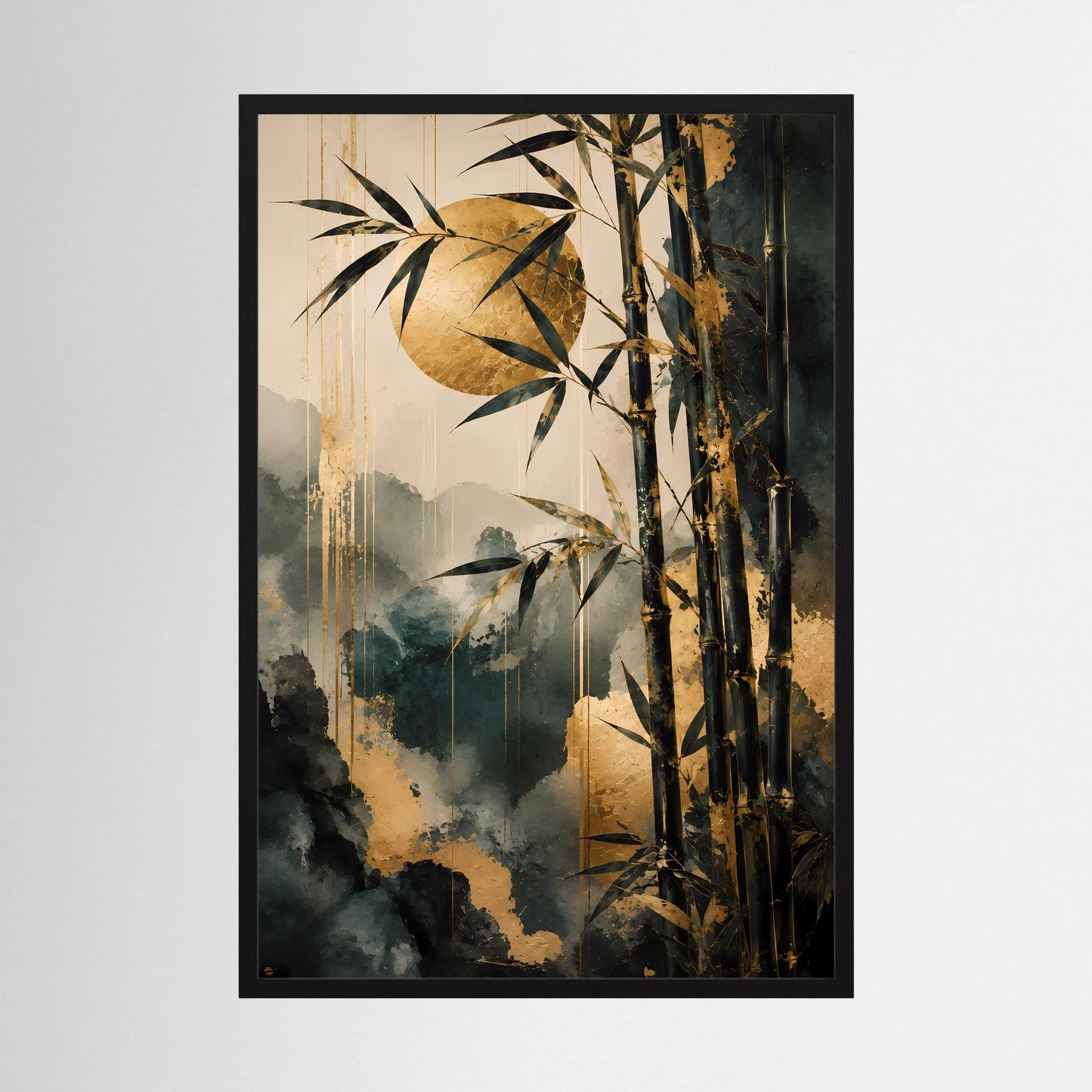 Poster mit abstrakter Bambuskunst im schwarzen Rahmen, goldene und dunkle Farbakzente
