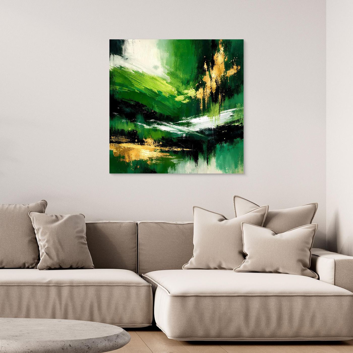 Leinwand Abstraktes Landschaftsgemälde in Smaragdgrün und Gold | Modernes Natur Wandbild