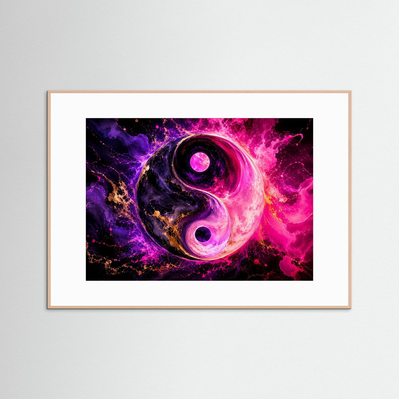 Yin Yang Poster Querformat | Abstrakte Neon Wandkunst Pink Lila | Spirituelle Moderne Leinwandkunst