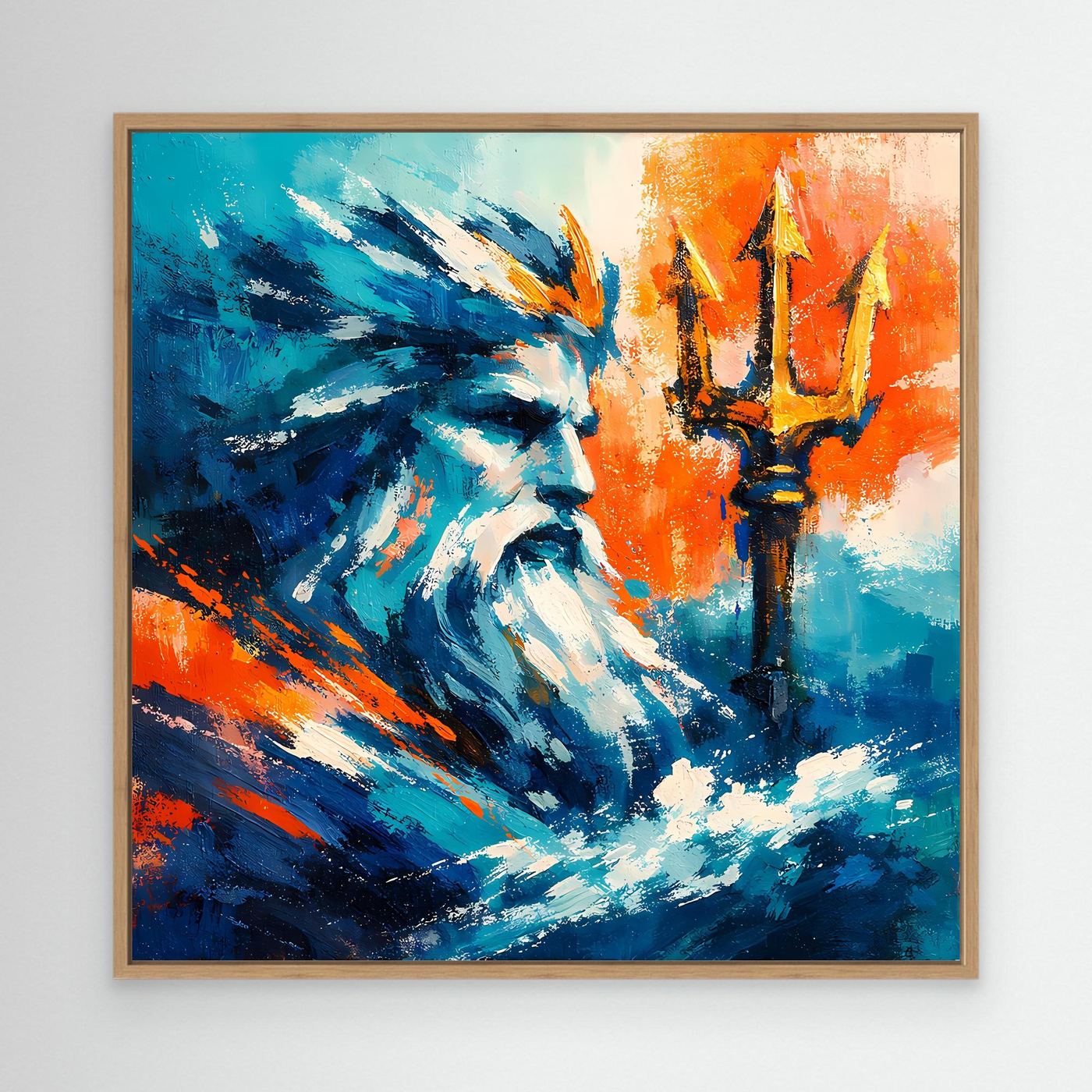 Abstract wall canvas with oak frame, blue bearded figure on orange backdrop