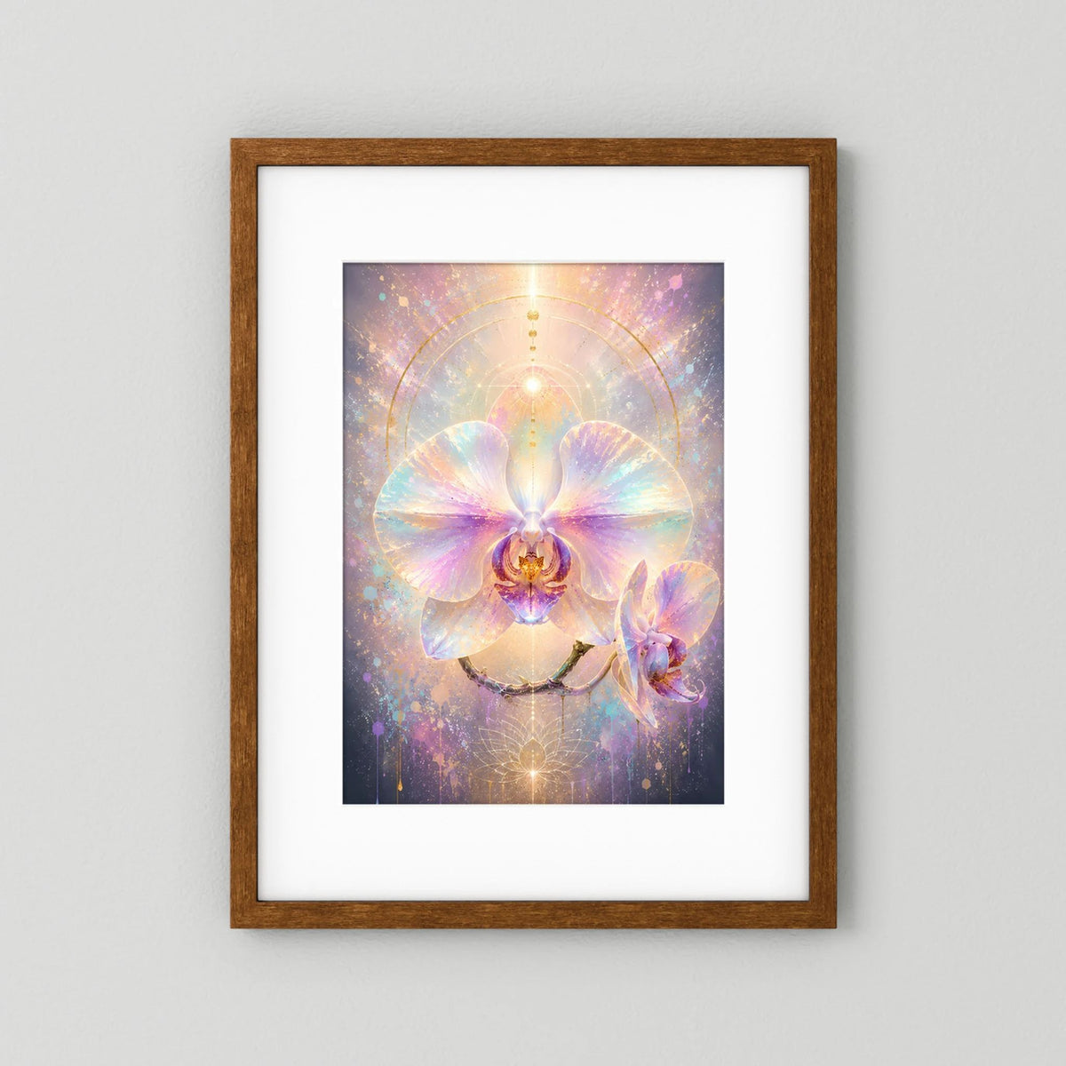 Orchideen-Pastellposter mit Holzrahmen und weißem Passepartout, Orchideenblüte in Pastellfarben